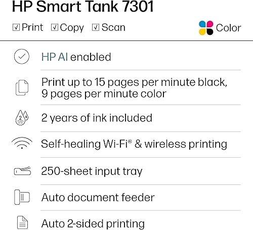 Miniatura 6 de HP Smart Tank 7301 Wireless All-in-One Ink Tank Printer, Scanner, Copier with 2 Years of Ink Included, Best-for-Home Office, Cartridge-Free