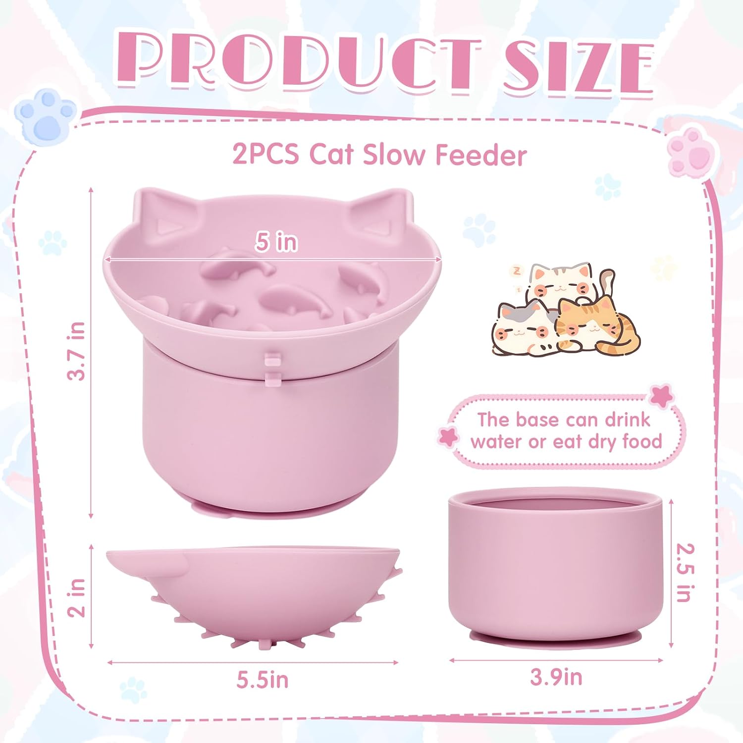 Funnymoom 2 Pack Silicone Cat Slow Feeder, Elevated Slow Feeder Cat Bowl for Dry and Wet Food, Tilted Design with Non Slip Base, Adjustable Angle for Pet(Pink and Blue)