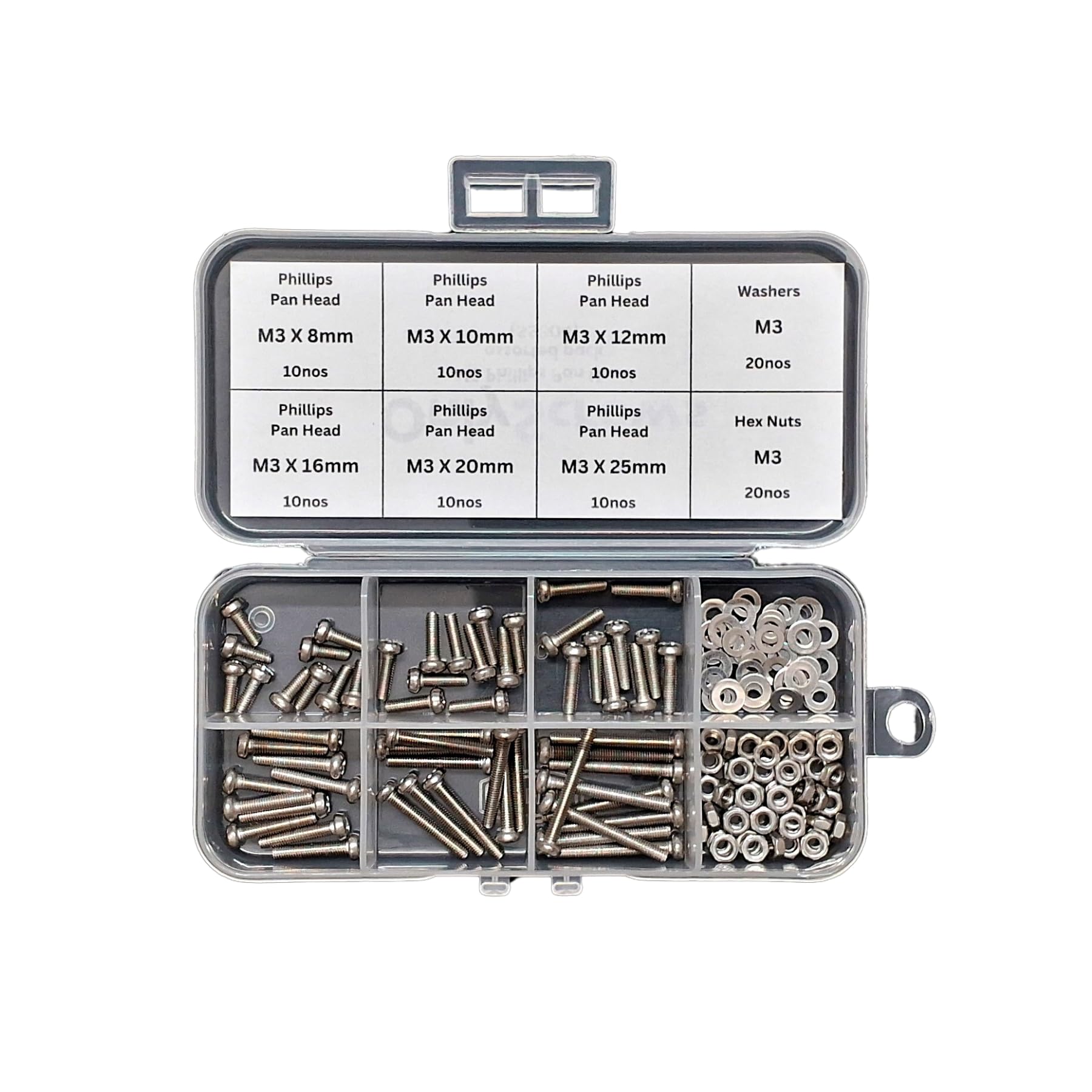 M3 Phillips Pan Head Machine Screws, SS304 Stainless Steel, 60-Piece Assorted Set with Washers and Nuts, 8mm to 25mm Length-picture-10