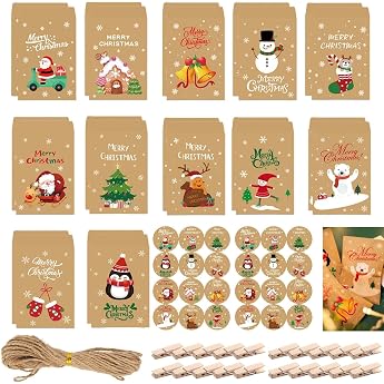 Lyivisk Pack of 24 Paper Bags Christmas Merry Christmas Set 24 Mini Gift Bags Made of Kraft Paper 7.7 x 11 cm Wooden Clips Stickers Ideal for Sweets Advent Calendar Party Small Christmas Gifts