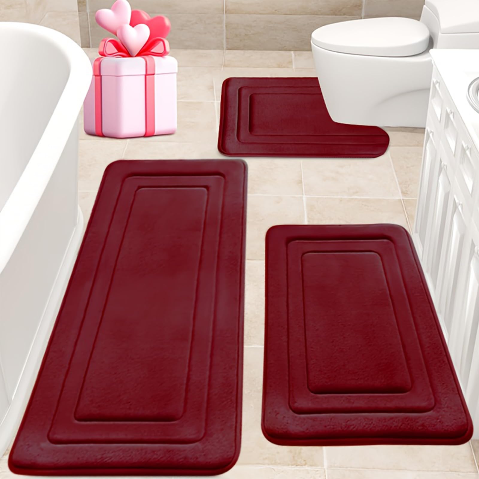 3 Piece Memory Foam Bath Mat Set – Non Slip Soft Bathroom Rugs, Absorbent Water Resistant Bath & Toilet Mat Set with U Shaped Toilet Mat (Winered 120×50cm + U50×60cm + 50×80cm)