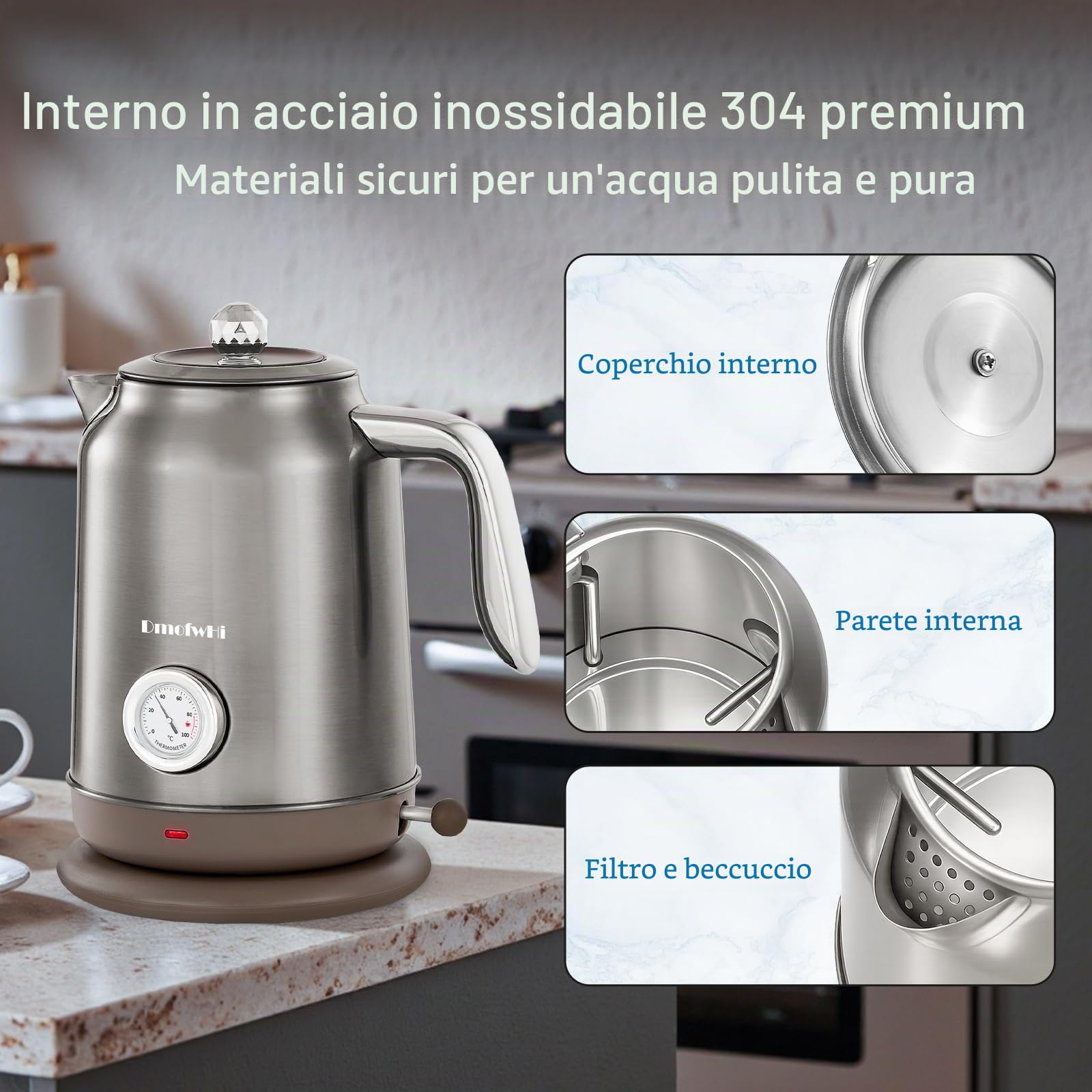 DmofwHi Bollitore Elettrico Inox 1,7L - Teiera Retrò con Termometro e Indicatore di Temperatura - Spegnimento Auto & Protezione Ebollizione Secca - Per Caffè, Tè e Famiglia (Cromo)