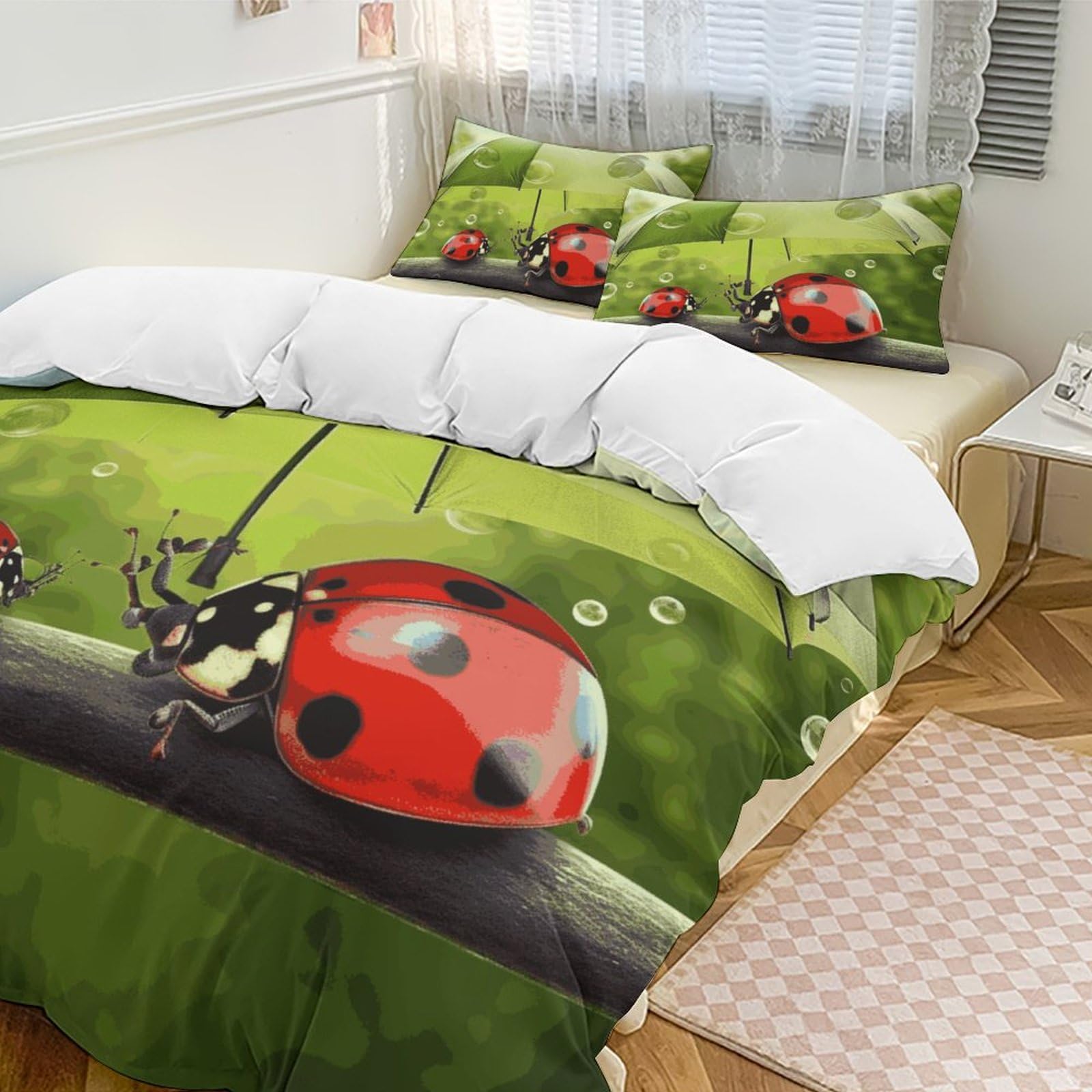 Parure de lit anti-plis en microfibre douce motif coccinelle