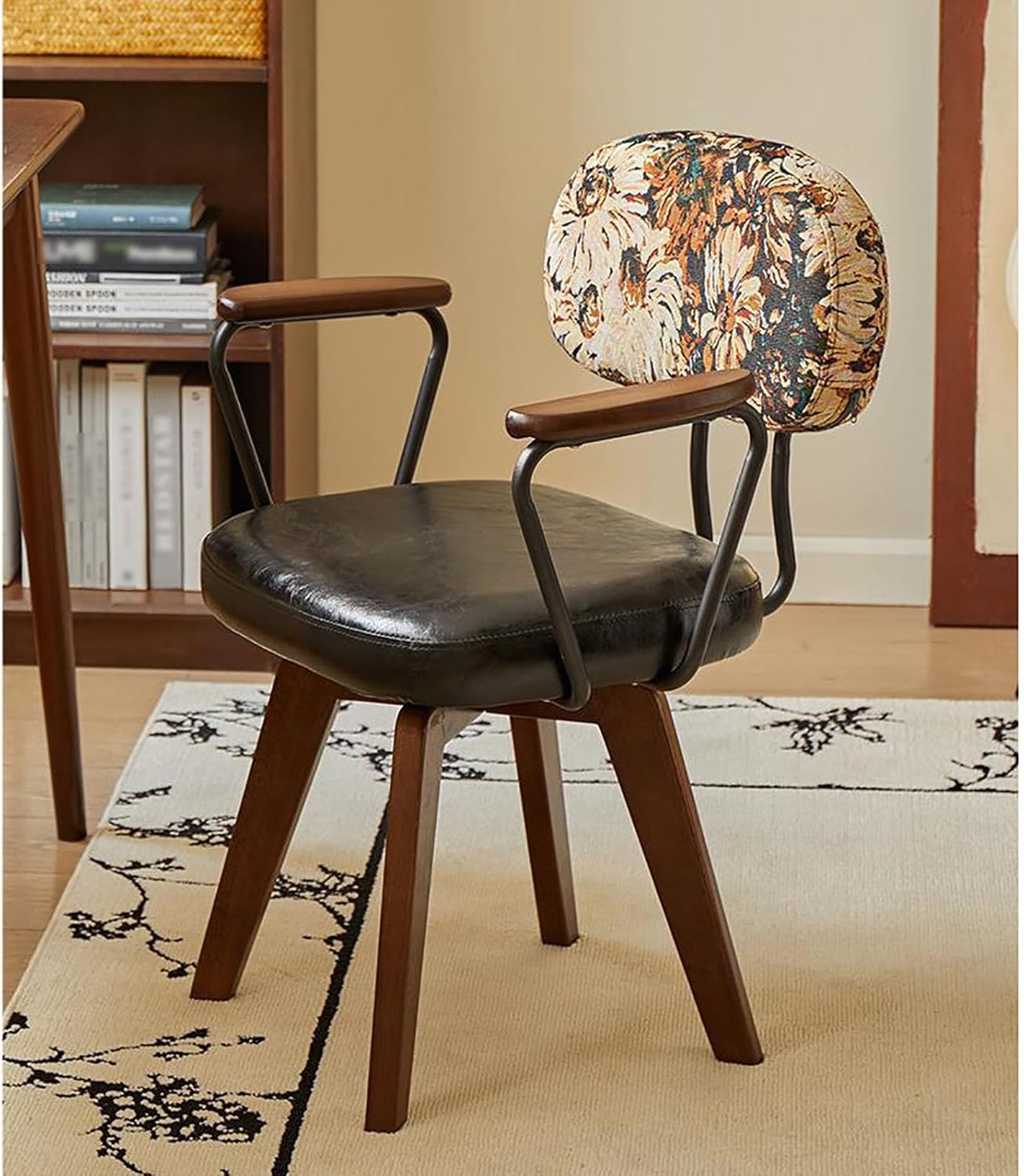 Swivel Desk Chair, Faux Leather Upholstered Office Chair No Wheels Armchair with Oak Wood Legs, Mid Century Modern Dining Chair, Computer Chair for Living Room Office