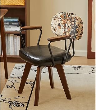 Swivel Desk Chair, Faux Leather Upholstered Office Chair No Wheels Armchair with Oak Wood Legs, Mid Century Modern Computer Chair for Small Spaces Living Room Bedroom42x47x43cm16x18x17inch, Black