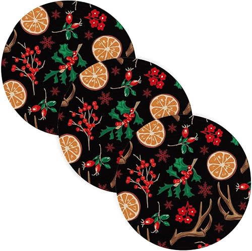 Unique Christmas Pattern Holly Leaves Round Trivet 3 Pcs Absorb Water Cooking Pad for Hot Dishes Trivet for Hot Pot Kitchen Gadgets 15inch