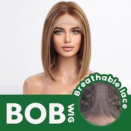 Miniatura 2 de Pelucas rubias con reflejos estilo Bob para mujer, longitud al hombro, peluca de encaje de cabello humano con raíces oscuras