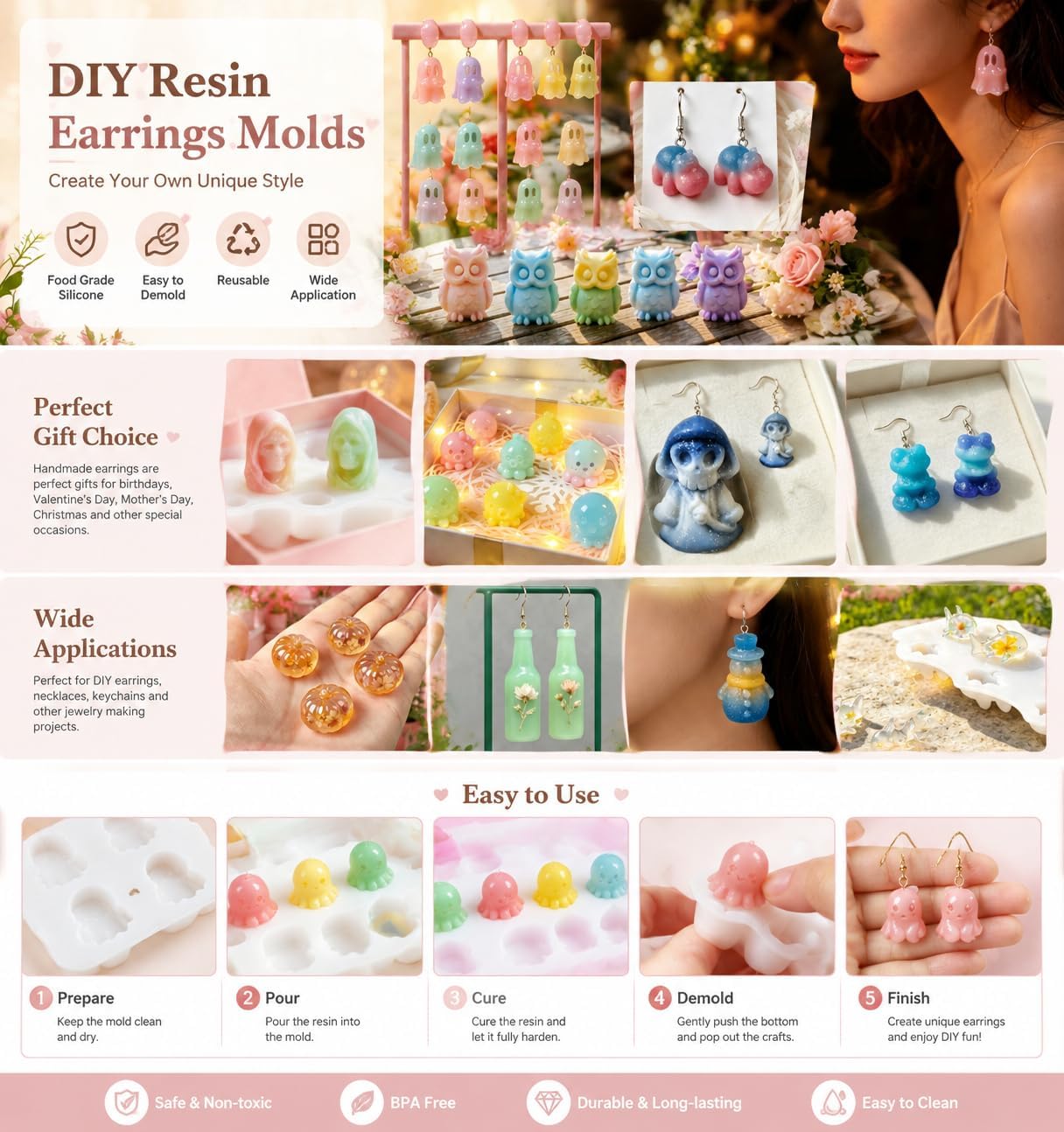 15 Style Chrismas Halloween Resin Earring Epoxy Casting Silicone Molds | mini Hippo Shark Shape Ghost Snowman Beer Bottle Frog Owl Resin Pumpkin Duck Skull Octopus Mold
