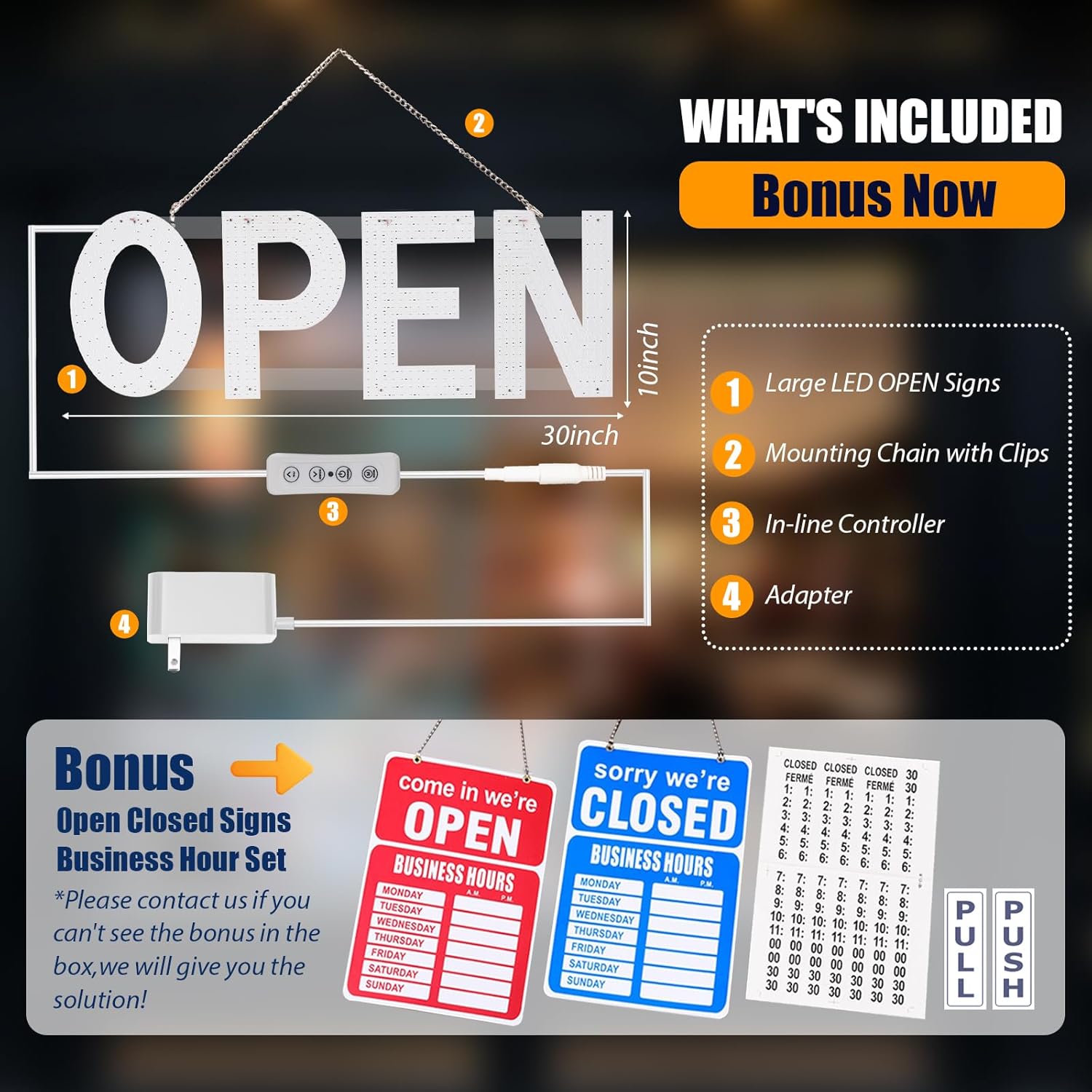 Open Signs for Business, 30"x10" Dimmable Large LED Open Light Up Sign with Hanging Installation for Salon Gym Cafes Store Office Bar Hotel Pubs Cold white