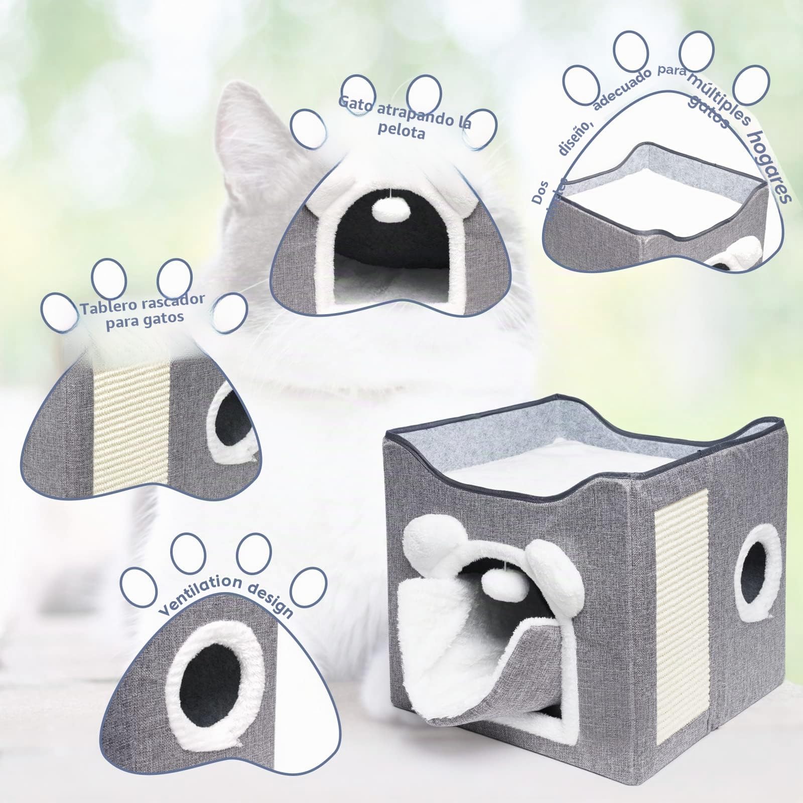 Casa Gatos Interior, Cama para de Interior 40×40×40 cm, diseño con Bola esponjosa Colgante y Alfombra para rascar, escondite Plegable para (Gris)