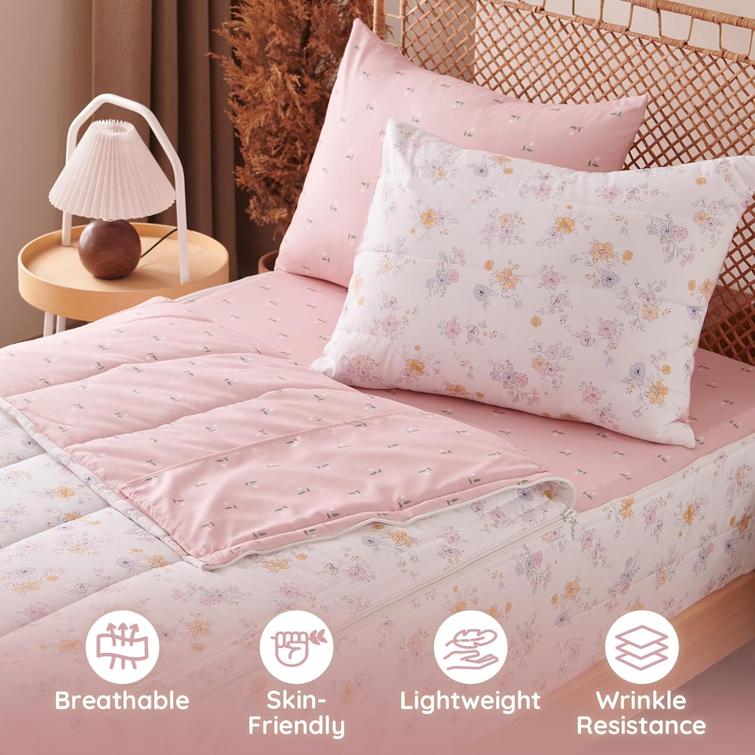 Kids Comforter Sets Floral Printed Zipper Bedding Sets for Girls, 3pcs Pink All in one Bed in a Bag, Easy to Make and Wash Includes Fitted Sheet and Pillow Sham, Twin