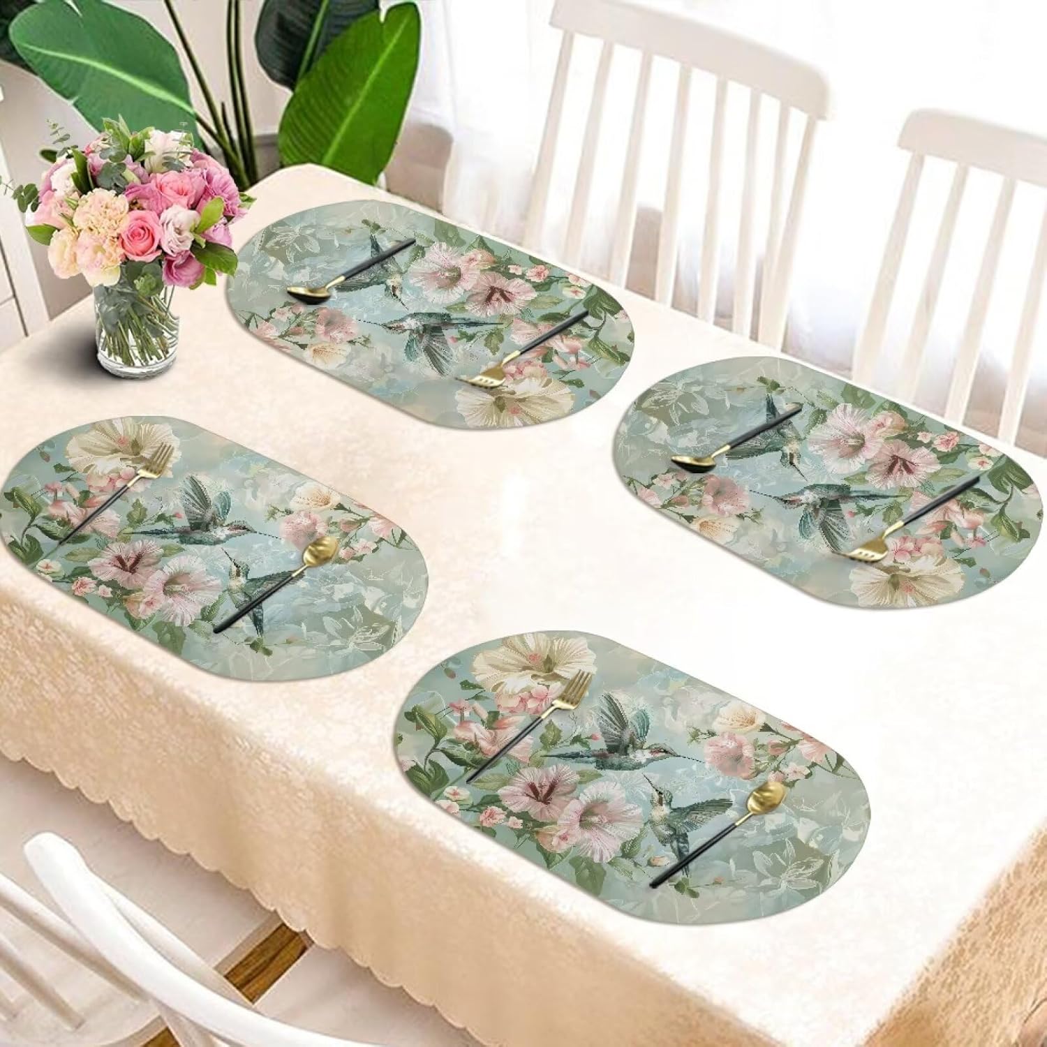 Green Hummingbird Oval Leather Placemats and Coasters, Wipeable Table Mats, Wipeable Heat-Resistant Dining Place Mats for Party Kitchen Dining Decoration
