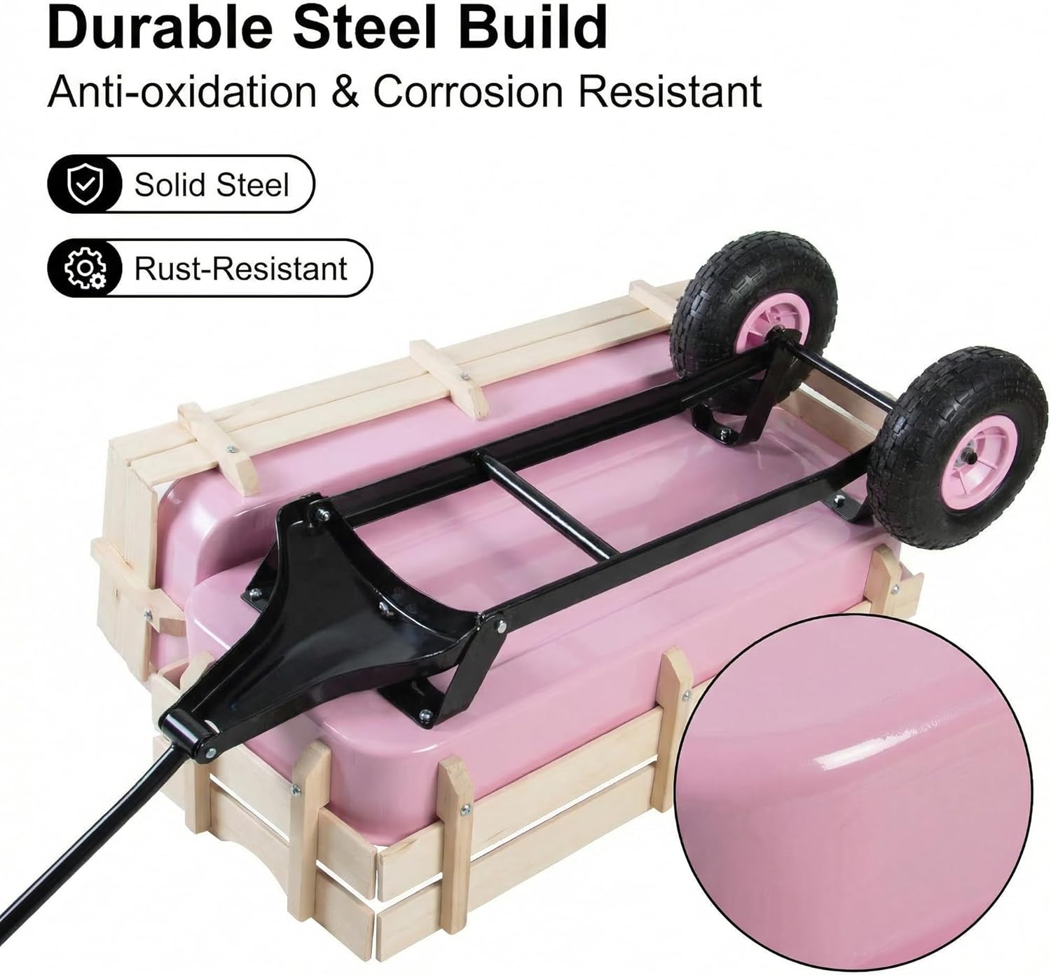 Outdoor Utility Garden Wagon with Wood Railing, Heavy Duty Steel Frame Pulling Cart with All Terrain Air Tires, Removable Stake Sides for Yard Beach Nursery, Pink