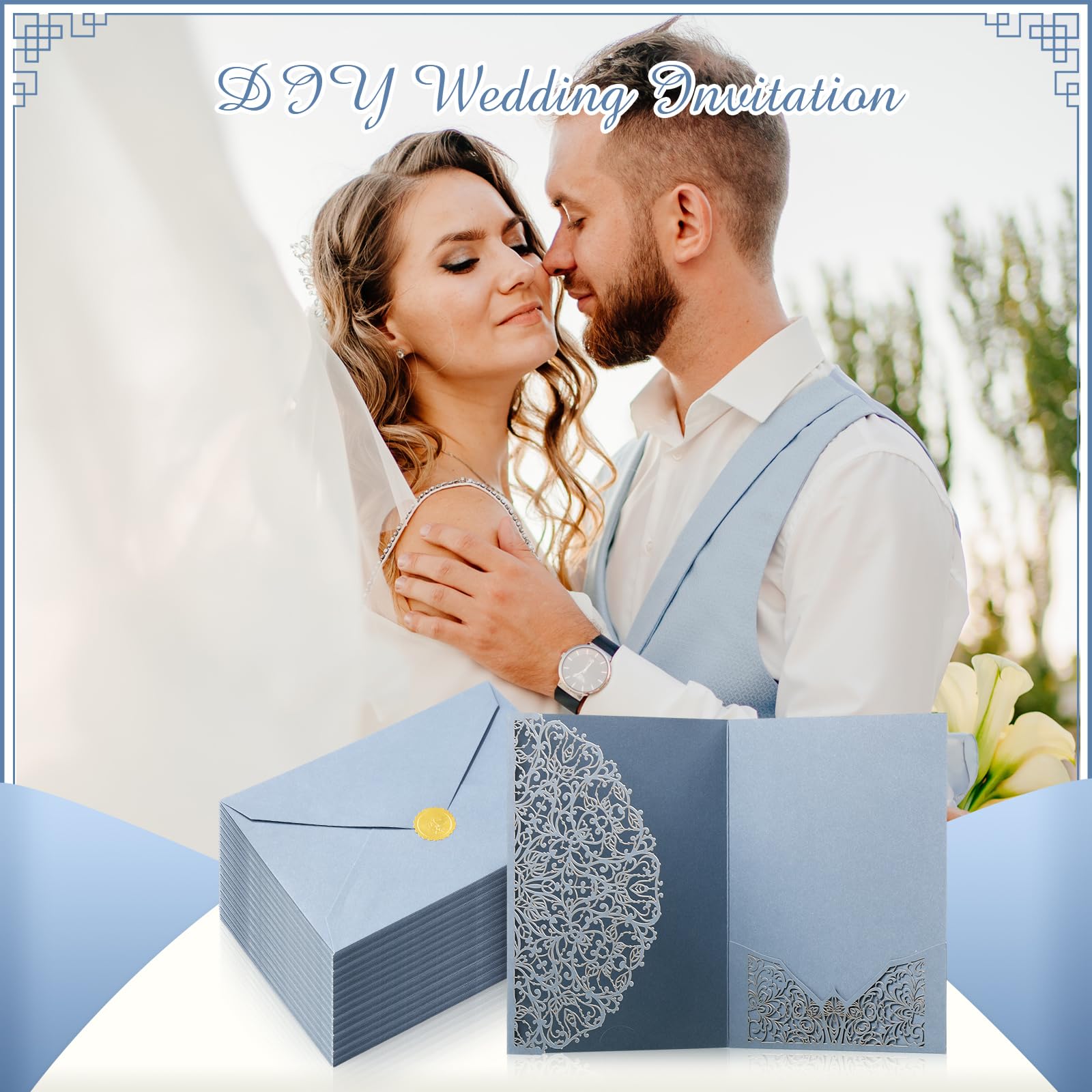 PerKoop Set di 100 inviti di nozze tagliati al laser con buste e adesivi sigillati in cera, tascabili, biglietti di invito per matrimonio, matrimonio, addio al nubilato, fidanzamento, invito (blu