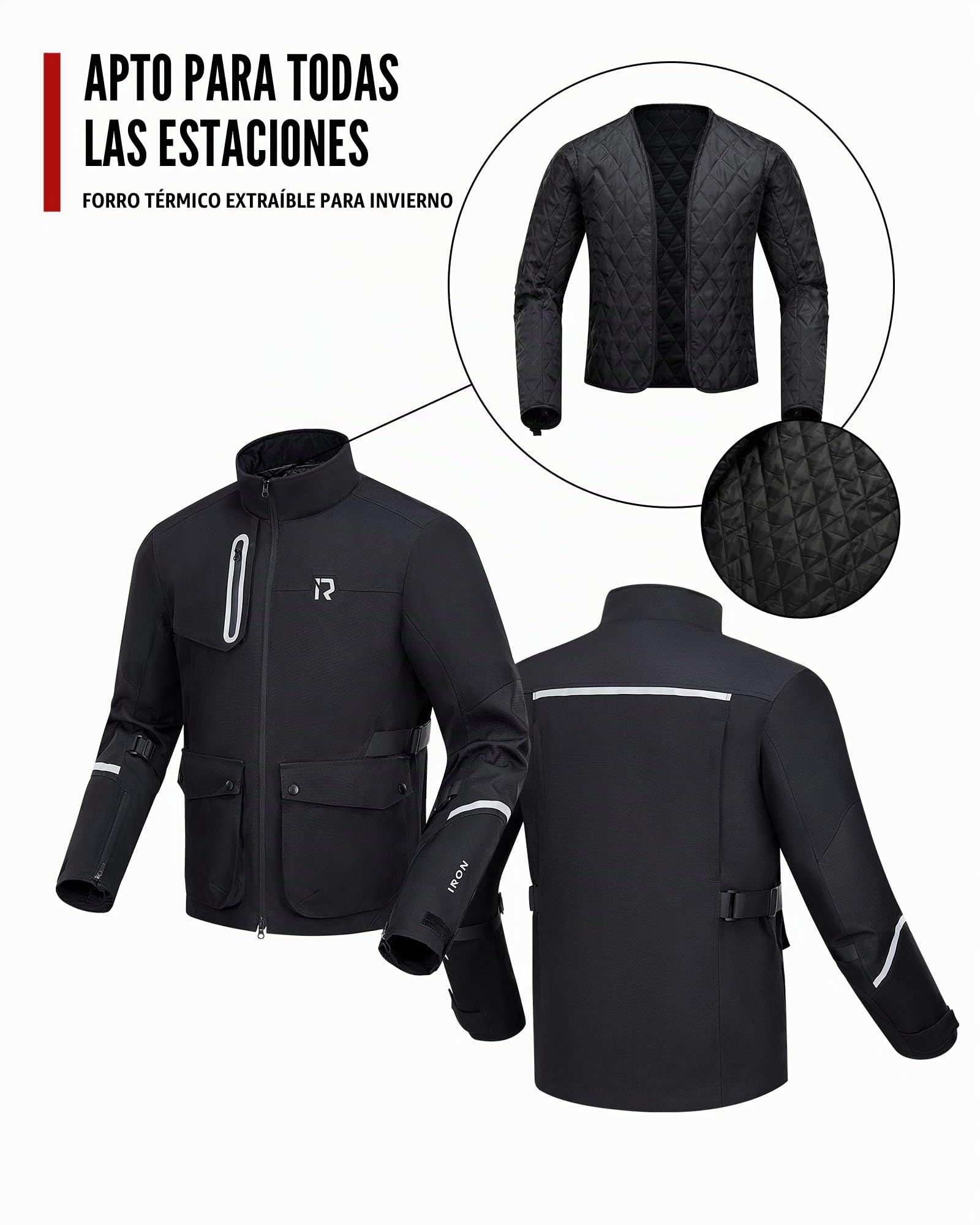 RIDEIRON Chaqueta moto hombre con Protección CE,chaqueta moto invierno con forro extraíble para proteger del frío y el viento en todas las estaciones,Negro