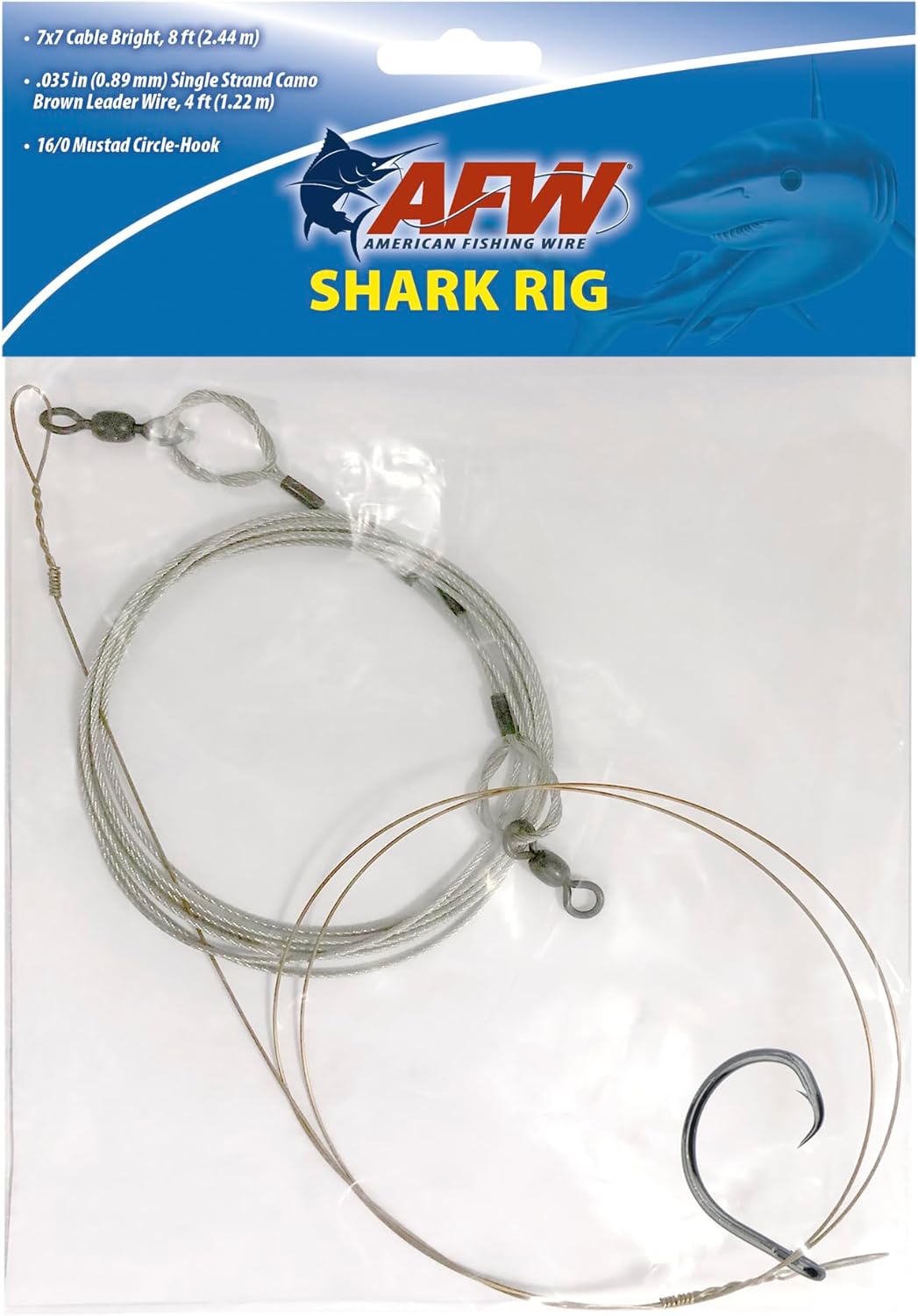 AFW Shark Rigs – 12/0 or 16/0 Mustad Circle Hook with 8 ft 7x7 Cable & 4 ft Single Strand Leader – Heavy Duty Pre-Rigged Shark Fishing Leader for Saltwater, Surf, Pier & Offshore Fishing