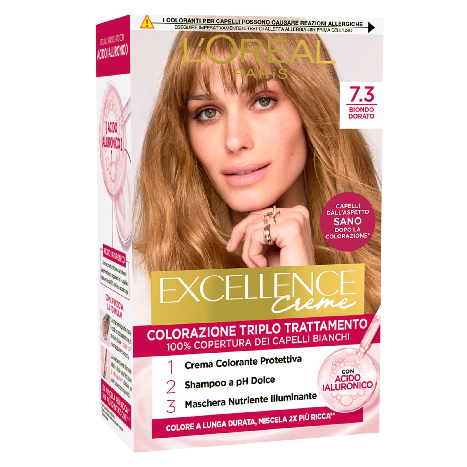 L'Oréal Paris Permanente Haarfarbe Excellence Creme 7.3 Goldblond Dreifach-Behandlungs-Färbung Langanhaltend mit Hyaluronsäure Deckt 100% der Grauen Haare ab - 5 Färbungen