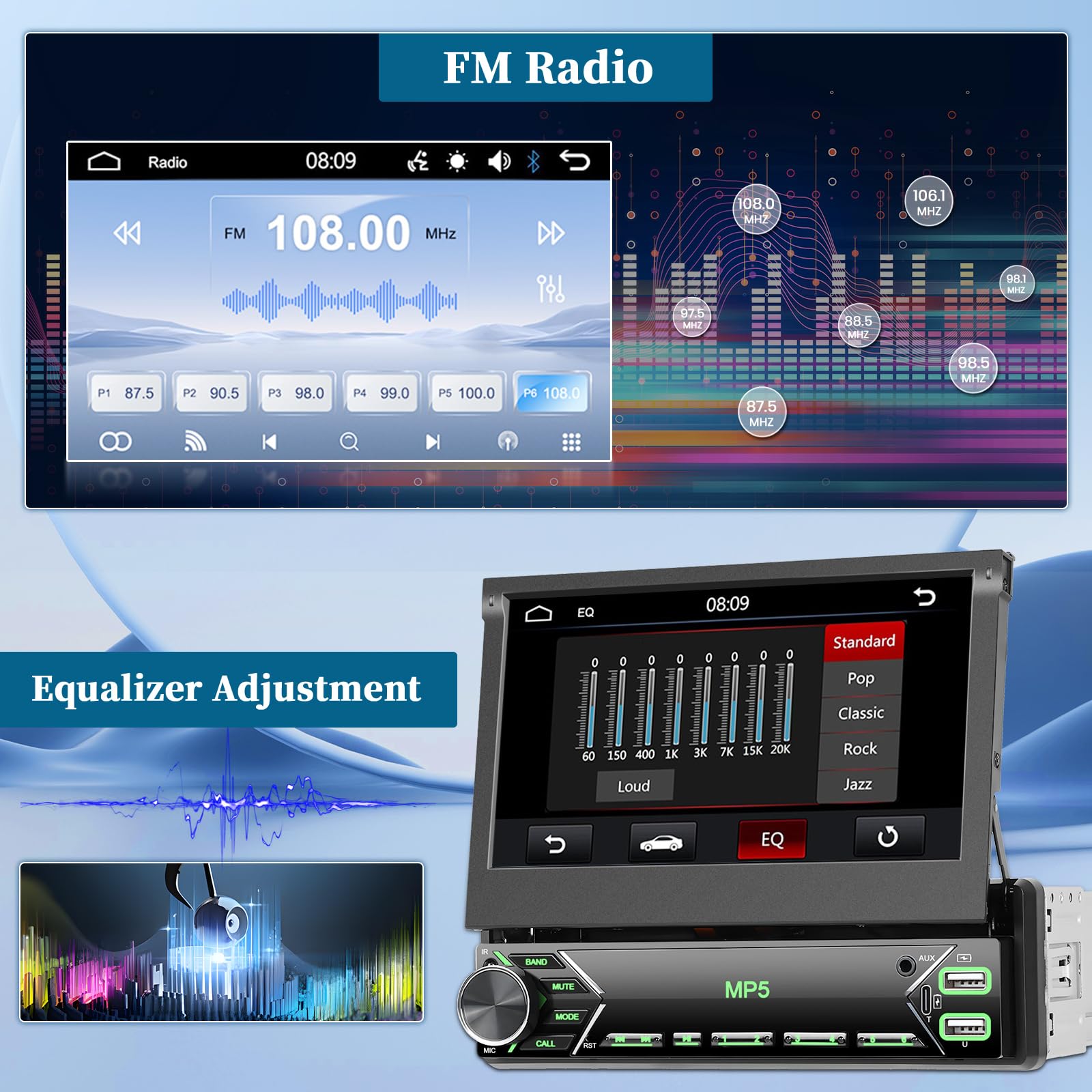 Roinvou Autoradio 1 Din avec Mirror Link, Écran Tactile Rétractable 7 Pouces MP5 Radio pour Voiture Stéréo avec Récepteur Bluetooth USB Type-C AUX EQ FM SWC Caméra de Recul & Microphon
