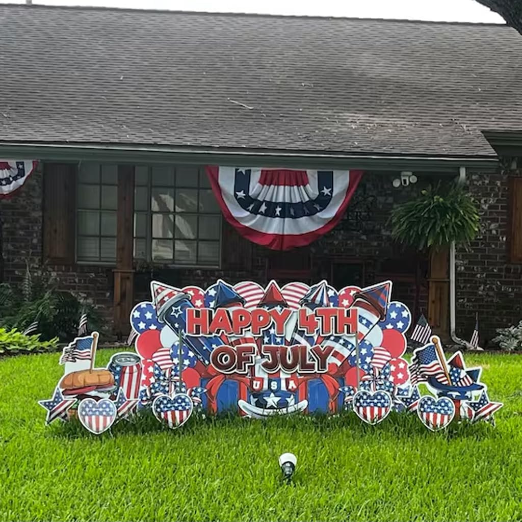 VictoryStore 3x6 Foot 4th of July Decorations Outdoor - Happy Fourth Of July Oversized EZ Yard Cards - 11 Pieces, Patriotic Yard Signs Include Stakes