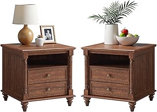 T4TREAM 24'' Farmhouse End Table w/4 Solid Wood Feet Set of 2, Large 2 Drawers Sofa Side Table with Charging Station, Rustic Wood Square Nightstand for Living Room, Bedroom, Office, Reclaimed Barnwood