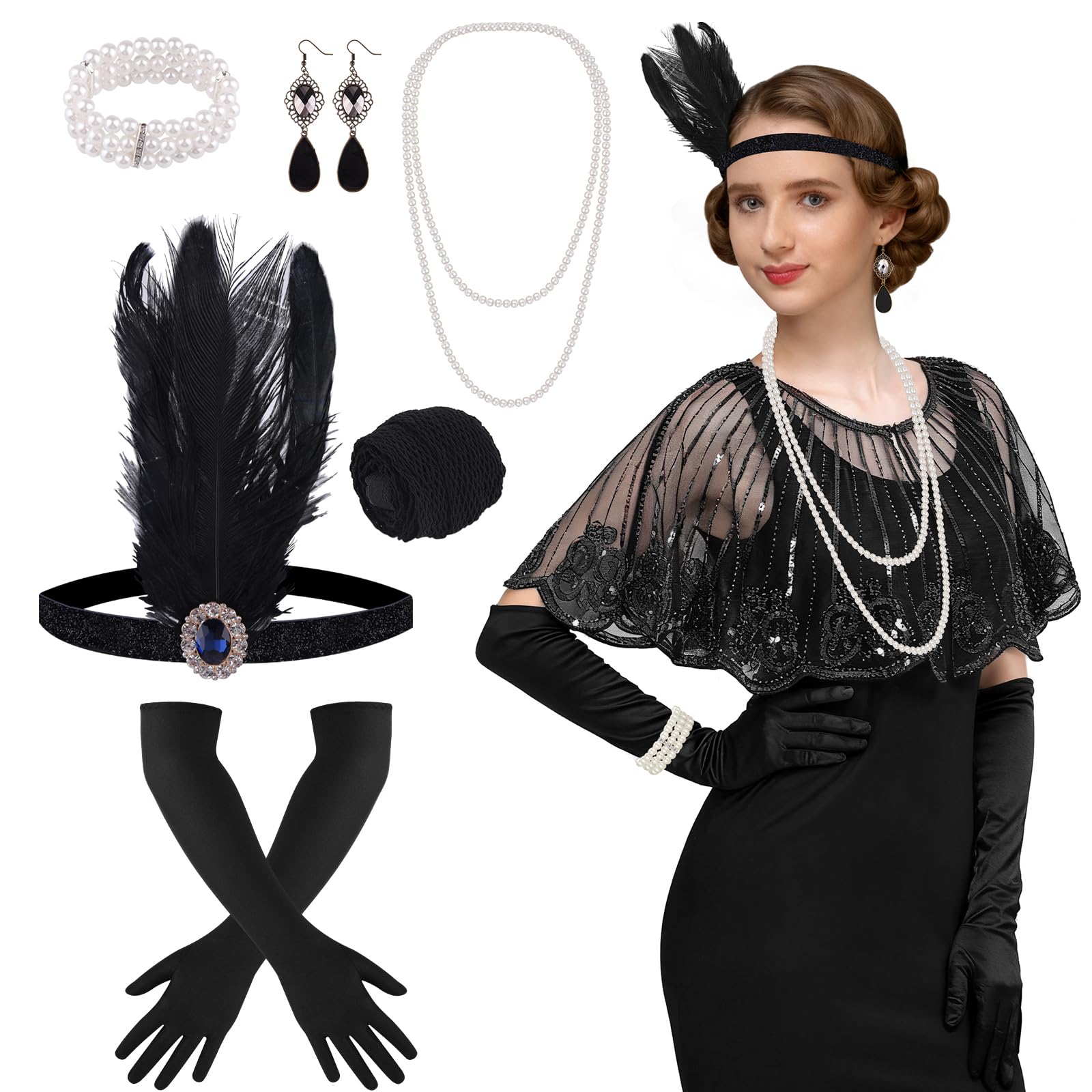 ELECLAND 10 Pieces 1920s Flapper Great Gatsby Accessories Set Fashion Roaring 20's Theme Set including Headband Headpiece Long Black Gloves Necklace Earrings for Women (Black