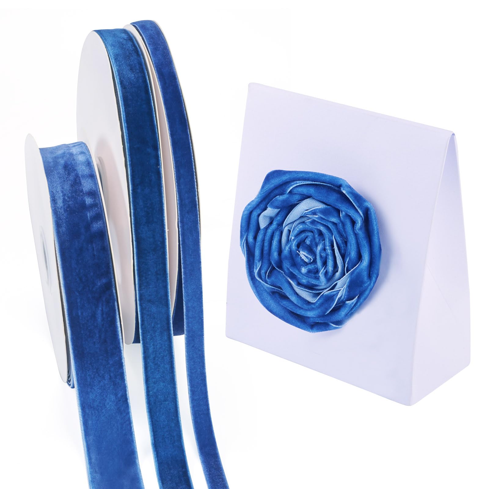 Craftdady 3 Rolls Single Side Velvet Ribbon 3/8-1 inch 10-25mm Flat Decorative Trimmed Ribbons Velvet Ribbon for Gift Packing Clothes Accessories, Marine Blue — image 1