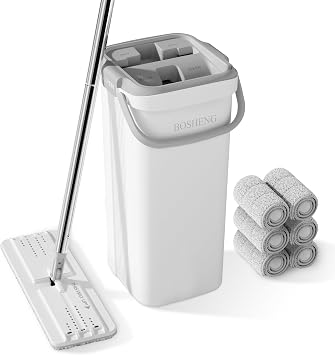 BOSHENG Mop and Bucket Set, Flat Mops for Floor Cleaning, Wall Mop with 60" Extensible Handle, Hardwood Floor Mop with 6 Microfiber Pads