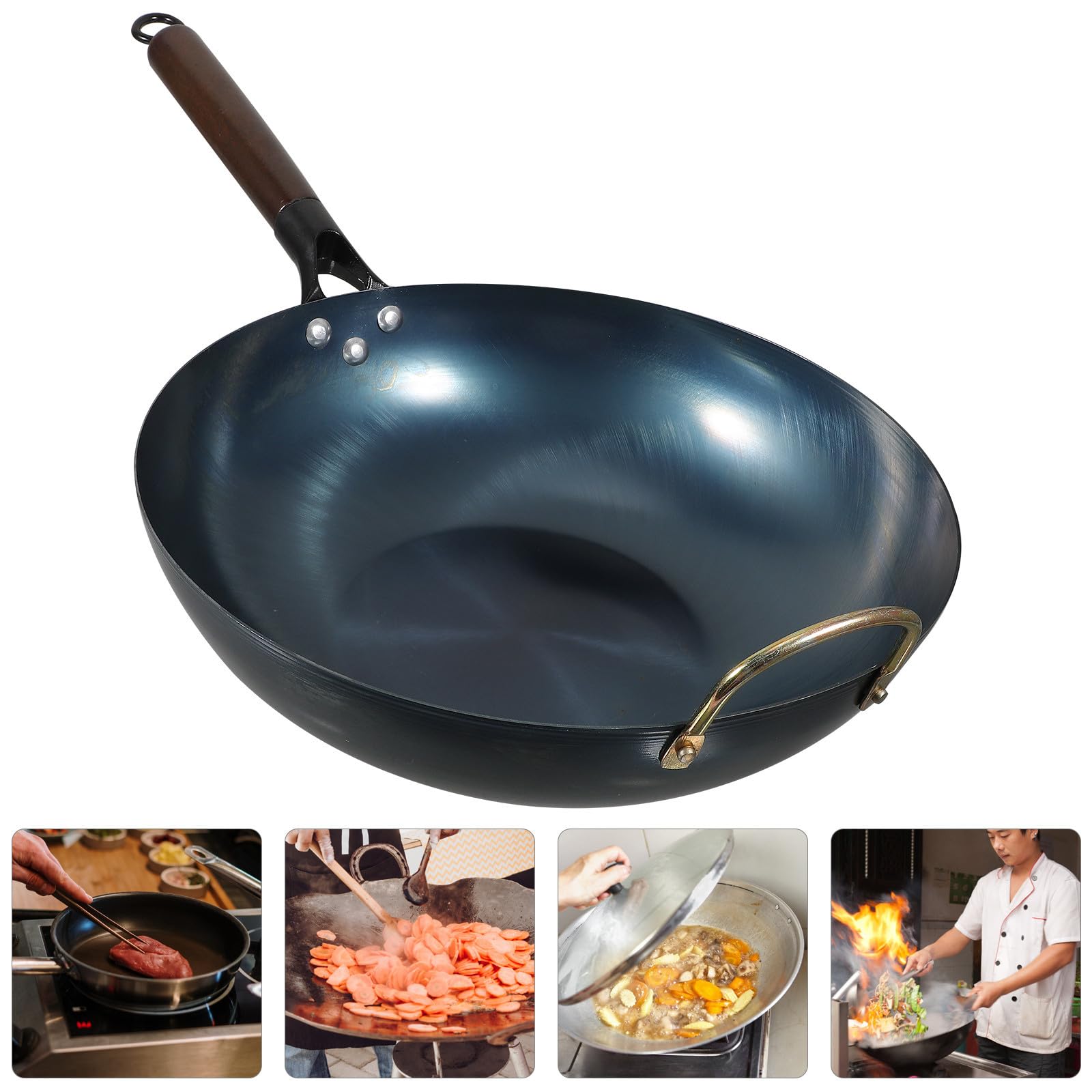 Wok Piatto in Ferro Nero, Antiaderente, Distribuzione Uniforme, Cucina