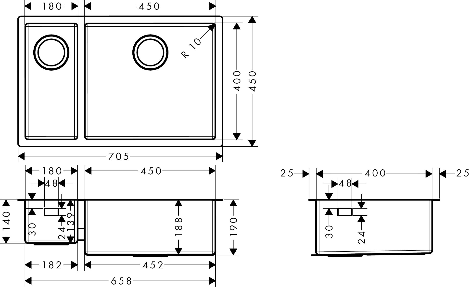 hansgrohe S71 S719-U655 Lavello sottopiano 180/450, acciaio, 43429800