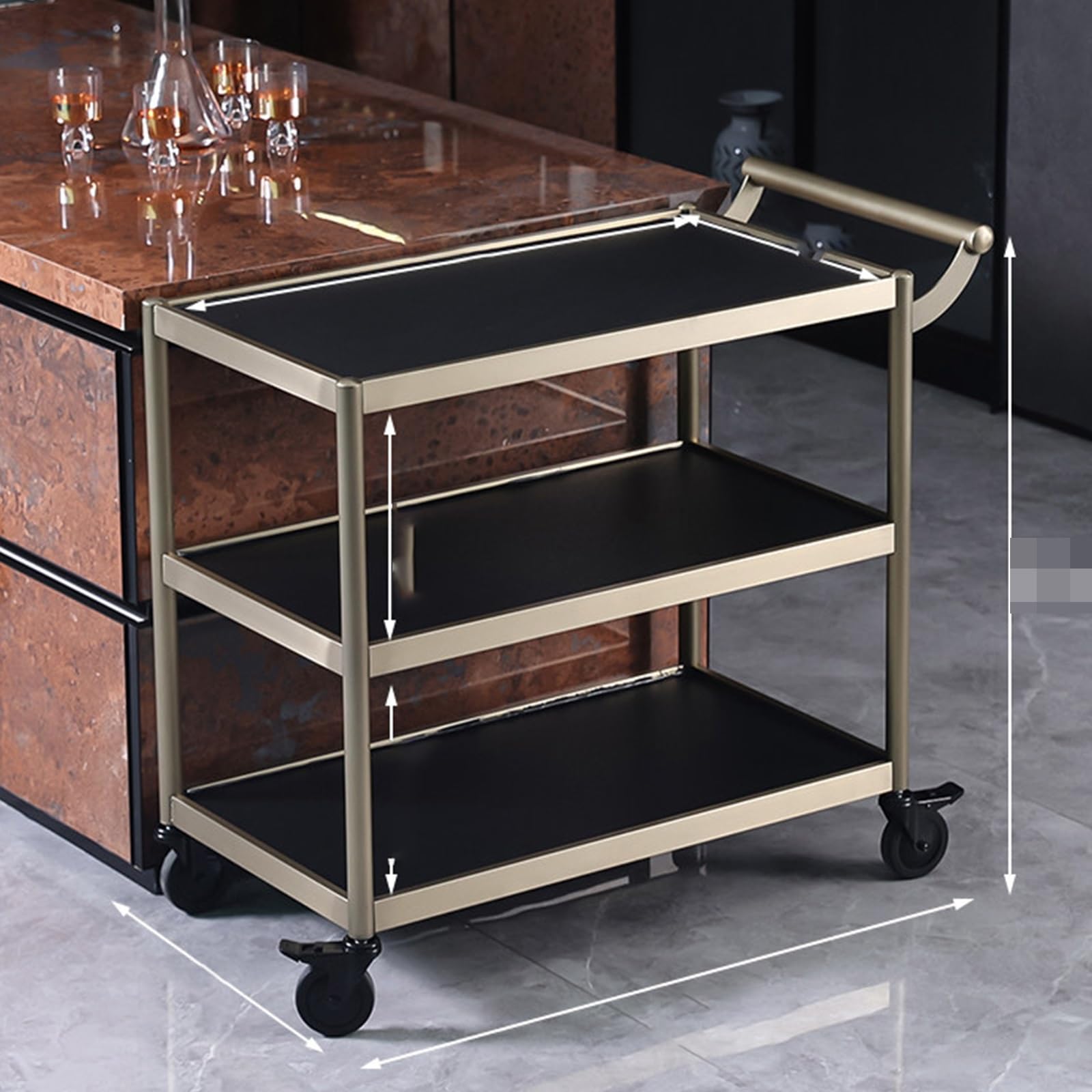 Kiboncy D Rolling Bar Cart, 3 Layer Soli Woo Shelves Lockable Silent Casters Commercial Foo Wine Serving Trolley For Hotel Restaurant(D)