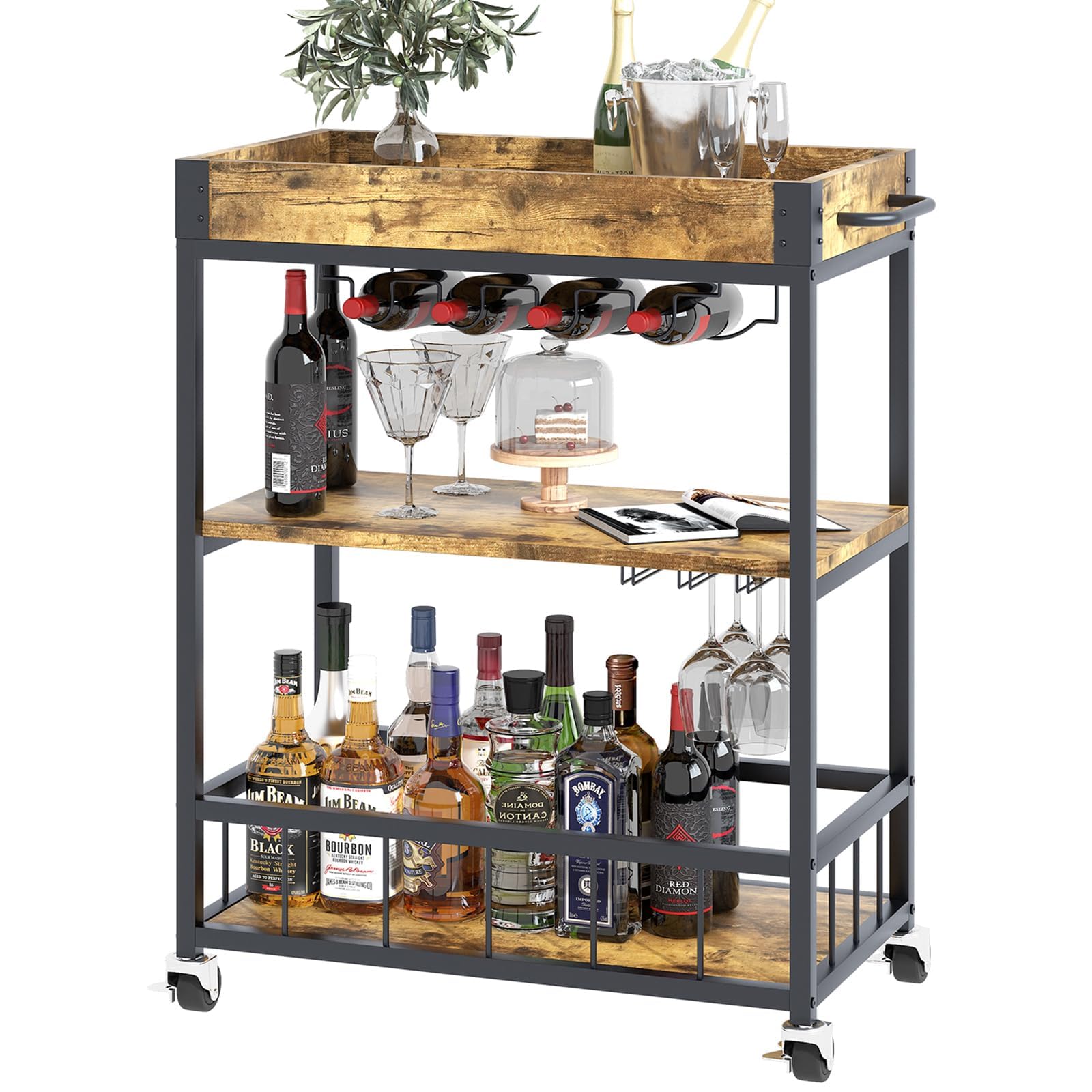 Huhote Serving Trolley, Kitchen Trolley, Bar Cart with Wheels, Wine Cart with Bottle Holder, 3 Tier Drinks Trolley for Living Room, Dining Room, Kitchen, Bar, Party, Brown Wood Grain