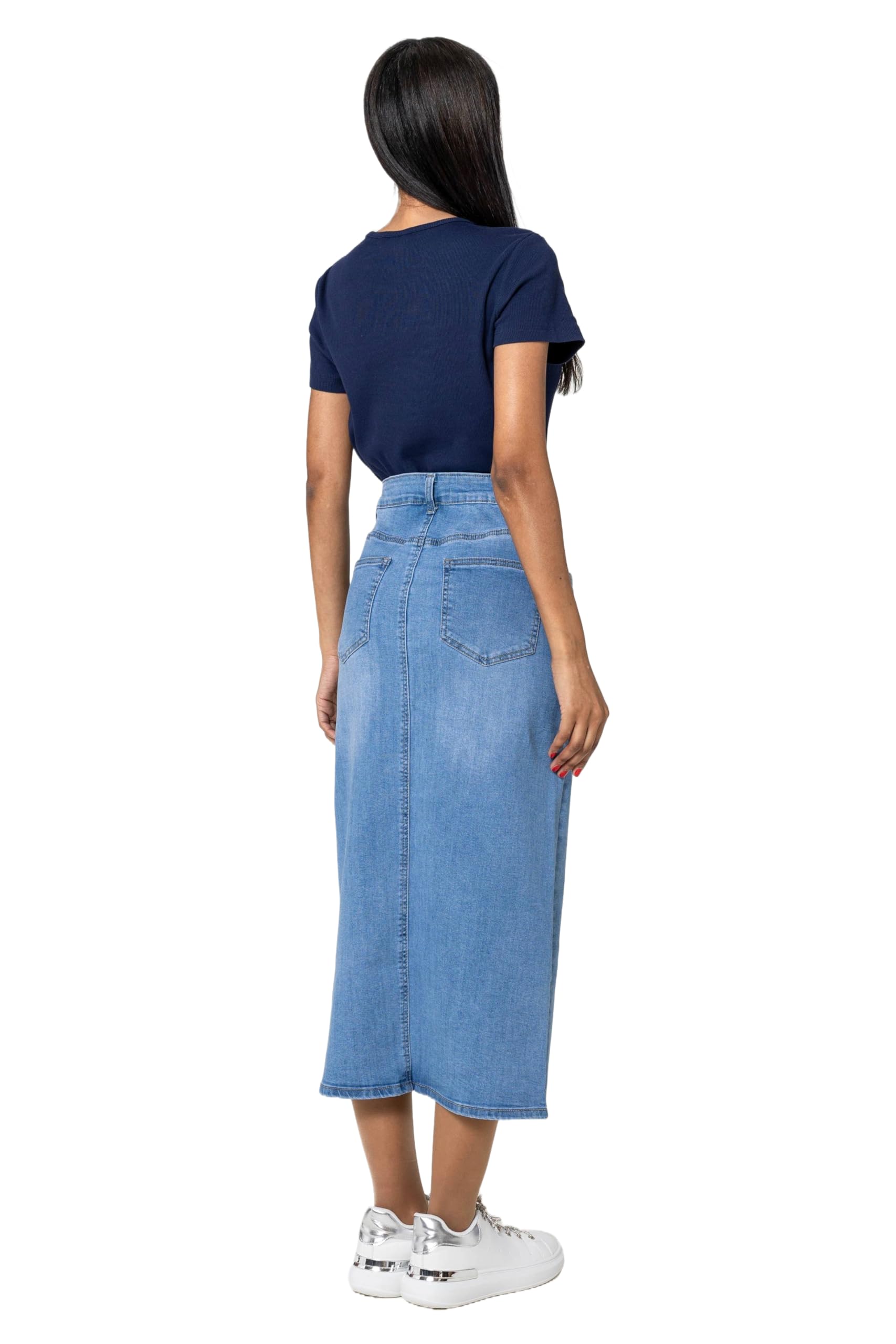 Nina Carter P215 Jupe en jean pour femme - Taille haute - Longueur mollet - Avec fente avant - Jupe longue - Fermeture éclair - Stretch - Look usé