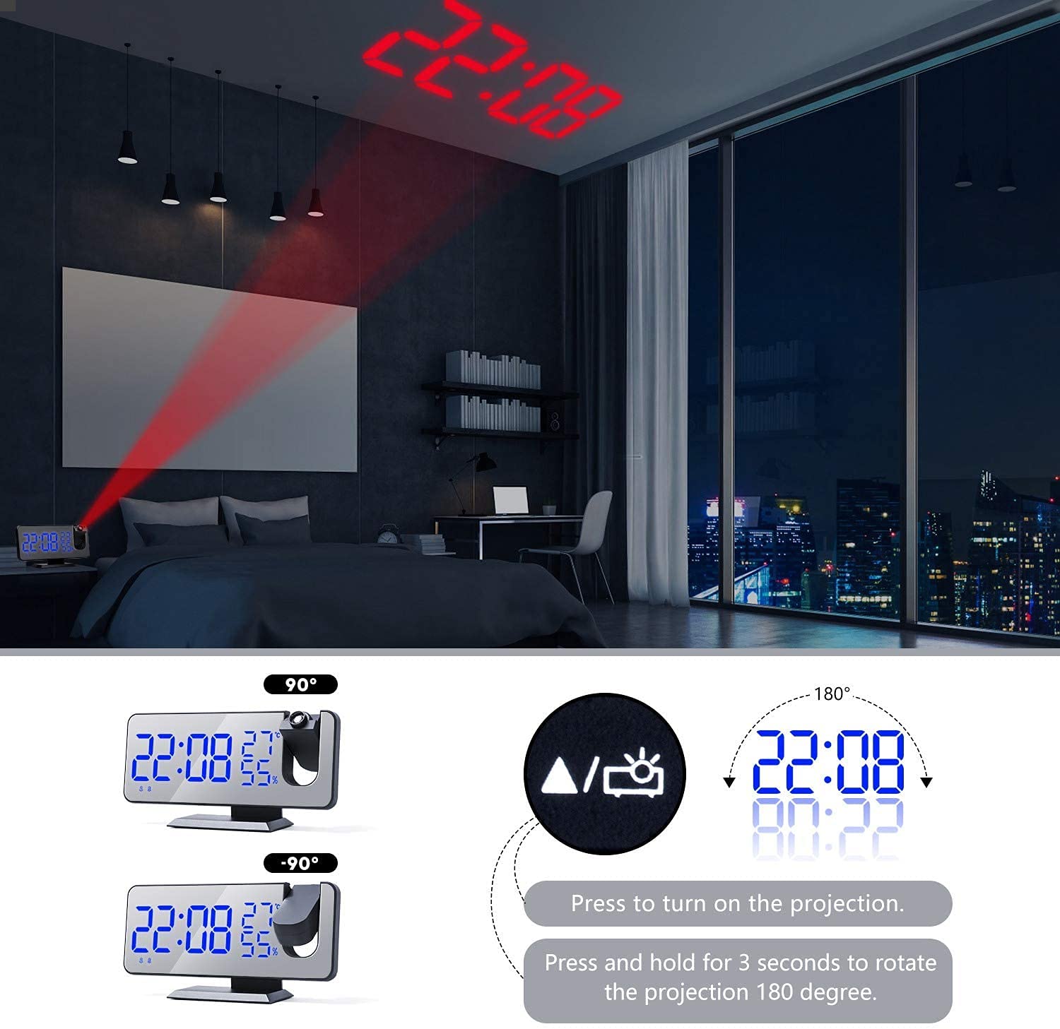 TXXMM Reloj de Alarma de proyección, Reloj Digital con Radio FM y USB Cargador, Digital DIRIGIÓ Dimmer de Pantalla de Temperatura y Humedad