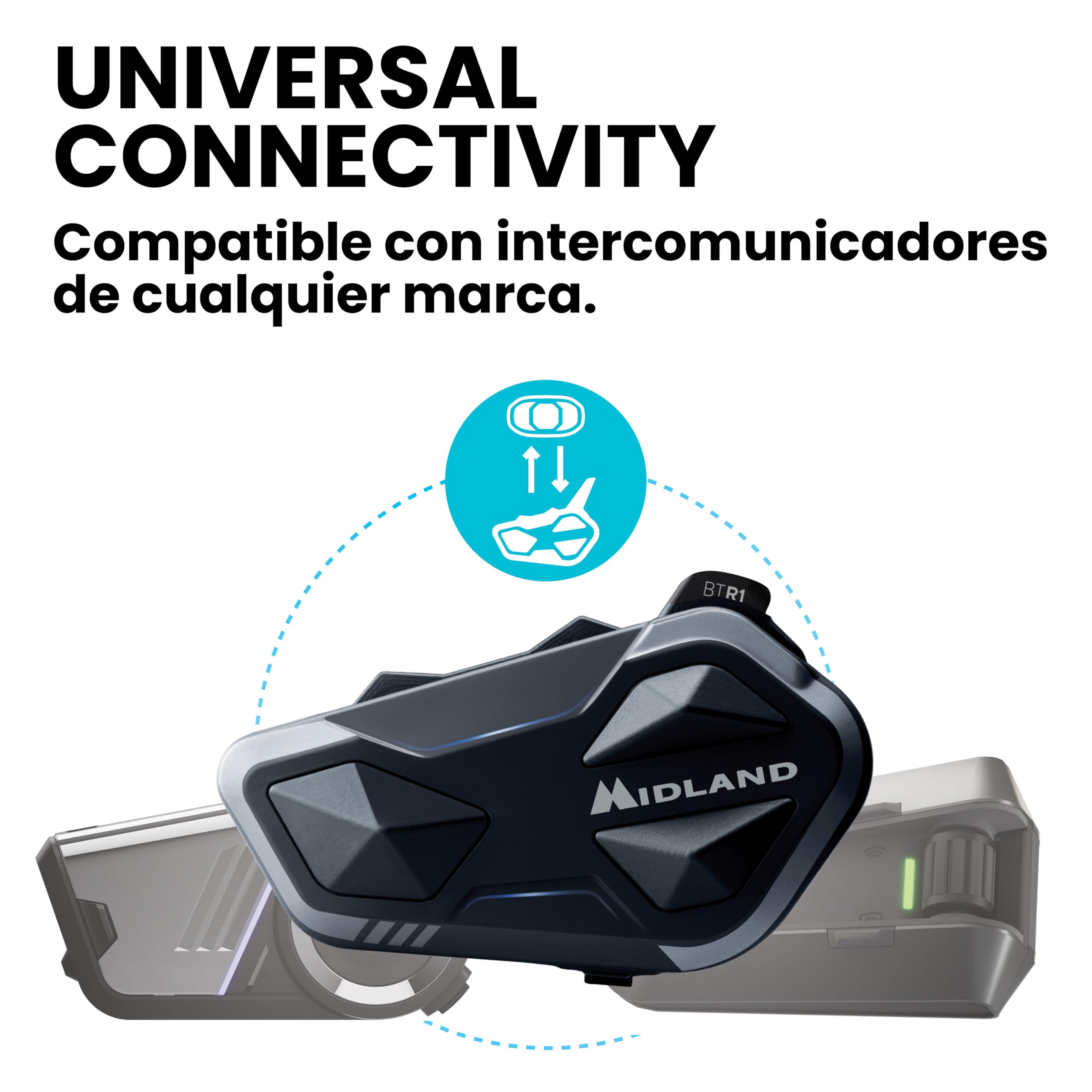 Midland - Intercomunicador Casco Moto Bluetooth Único BTR1, Auriculares Moto Inalámbricos Impermeables IPX6, Alcance 800m, Conferencia 4 Personas, Batería 23H, Conexión GPS/Música, Conforme ECE 22.06