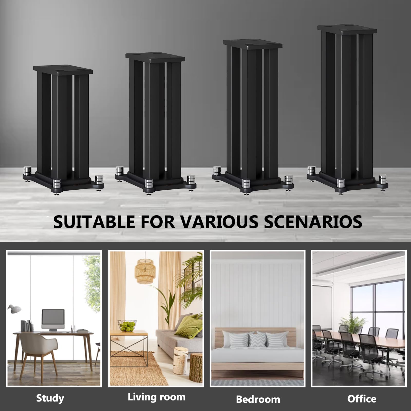 2er-Set lautsprecherständer, Stahlrahmenstütze Lautsprecher Stand für Lautsprecher mit bis zu 40KG, Vibrationsabsorbierendes MDF-Design, Verbessern Sie die Klangqualität (Black, 60cm)