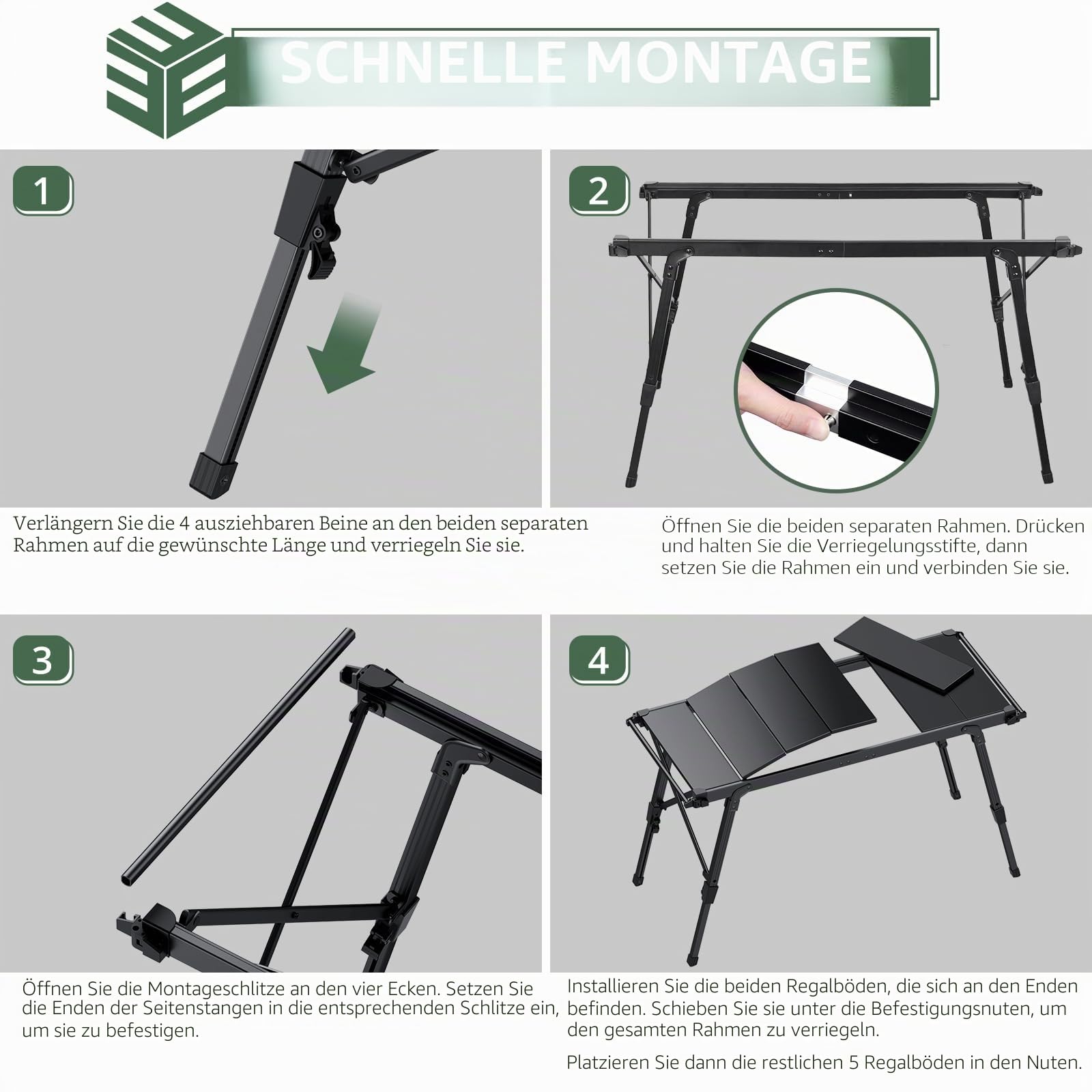EYPINS Campingtisch Klapptisch 88x38cm, Tragbarer Grilltisch & Esstisch 38-55cm Höhenverstellbar Alu-Camping Tisch, IGT Tisch 3,5 Einheiten flexibel & kompakt für Camping Picknick Grillen