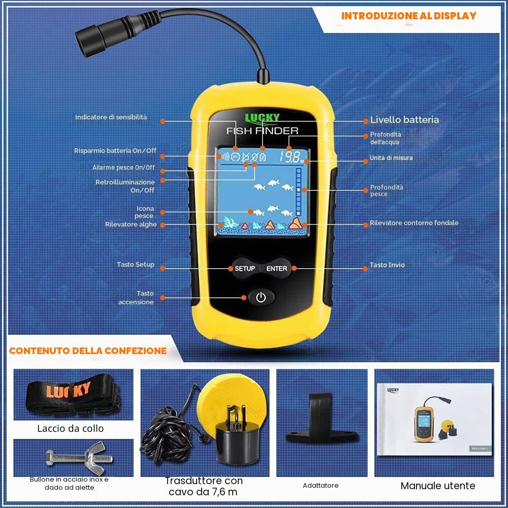 LUCKY Kayak Portatile Cercatore di Profondità dei Pesci Ecoscandaglio Portatile per Acqua Sonar Calcinabile Barca in Kayak Display LCD da Pesca con Trasduttore Ecoscandaglio FFC1108