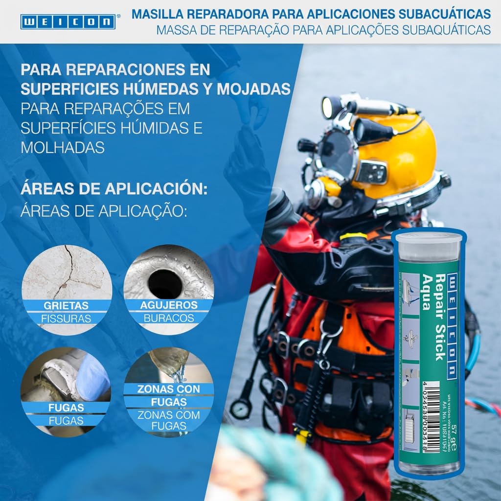 WEICON Masilla Reparadora Aqua | 115 g | De 2 componentes | Sistema de resina epoxi para aplicaciones bajo agua