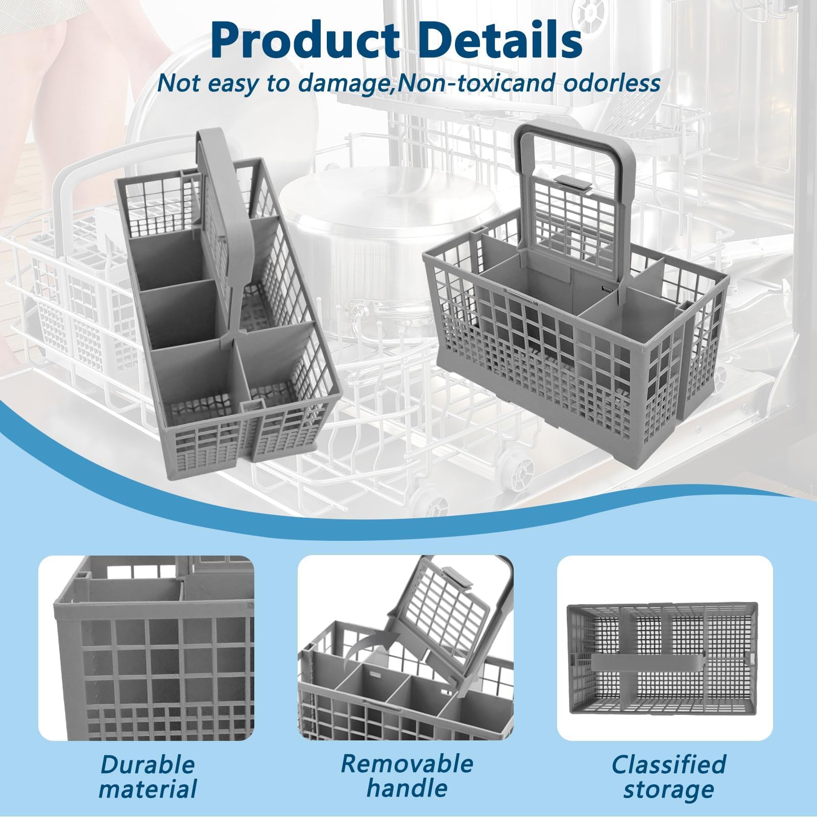 Cesta Porta Cubiertos Lavavajillas, Repuesto Universal con Mango Extraíble, Apto para la Mayoría de Cestas Inferiores Estándar de Lavavajillas, 24 x 13,9 x 12,4 cm