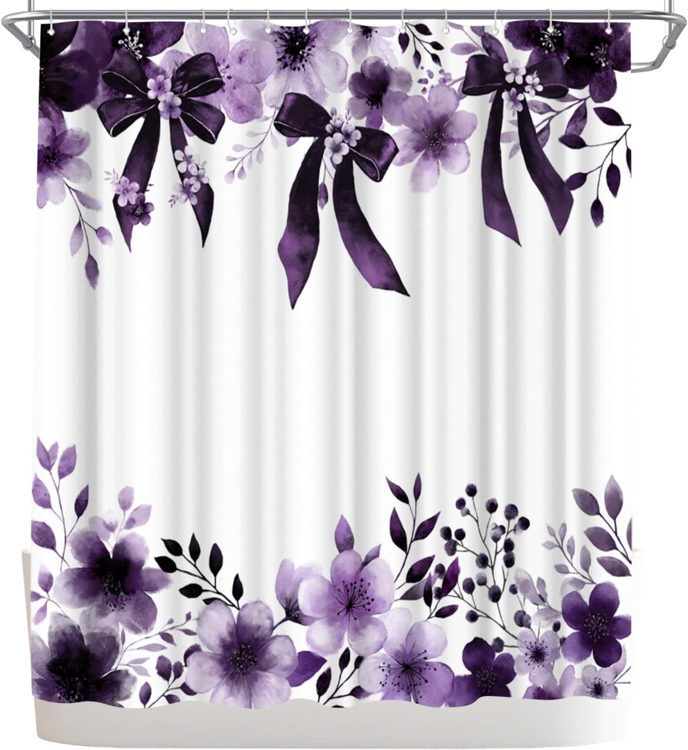 WELMECO Floral Shower Curtain Watercolor Bow Painting Printed Bathroom Decor Polyester Fabric Curtain, 72x72inch with Hooks (Grey)