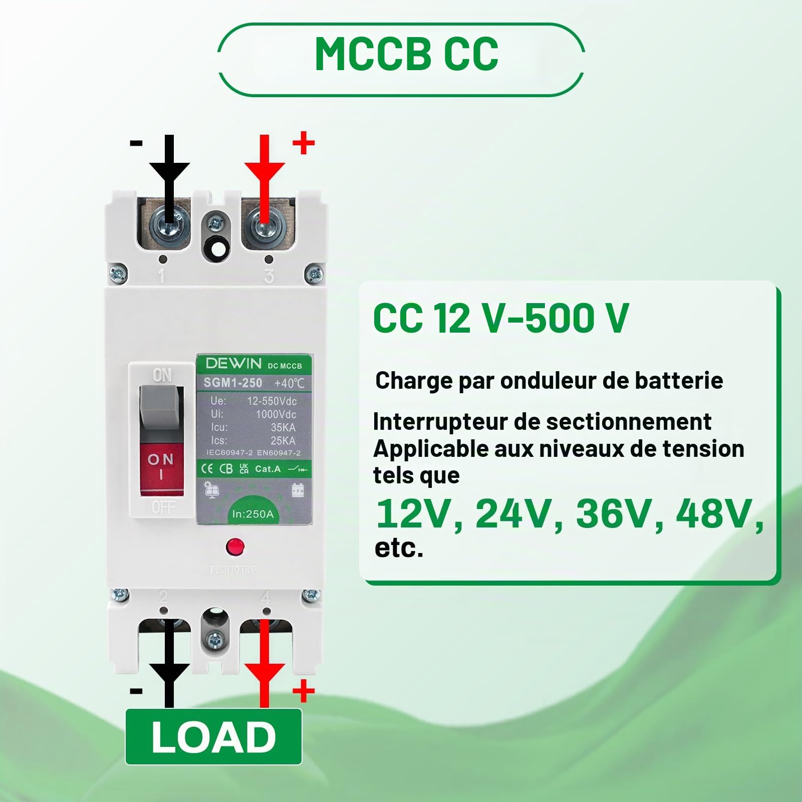 DEWIN Disjoncteur CC 250A, disjoncteur CC boîtier MCCB interrupteur principal de batterie solaire interrupteur de déconnexion de batterie 2P 250A 500V