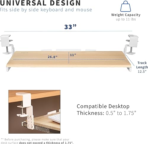 Miniatura 4 de VIVO Bandeja para teclado debajo del escritorio ajustable de gran altura, sistema de montaje con abrazadera en C, 27 (33 abrazaderas incluidas) x 11