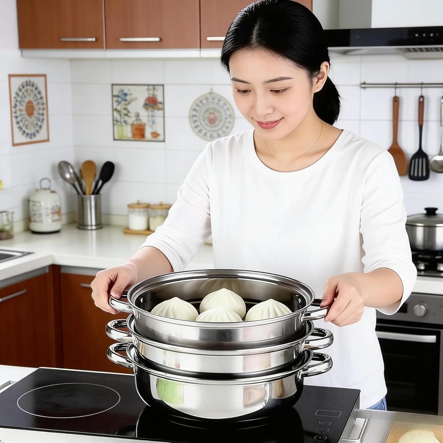 3 Tier Steamer Pot for Cooking with Lid Stainless Steel Cooker Steam for Vegetable Dumpling Stock Sauce Food for Vegetable, Dumpling, Sauce, Food (A)