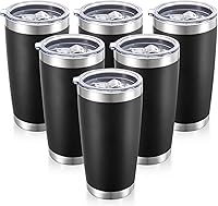 CoolYoleb 20oz Stainless Steel Tumblers Bulk 6 Pack - Vacuum Insulated Powder Coated Black Cups with Leakproof Lids for Hot Cold Drinks