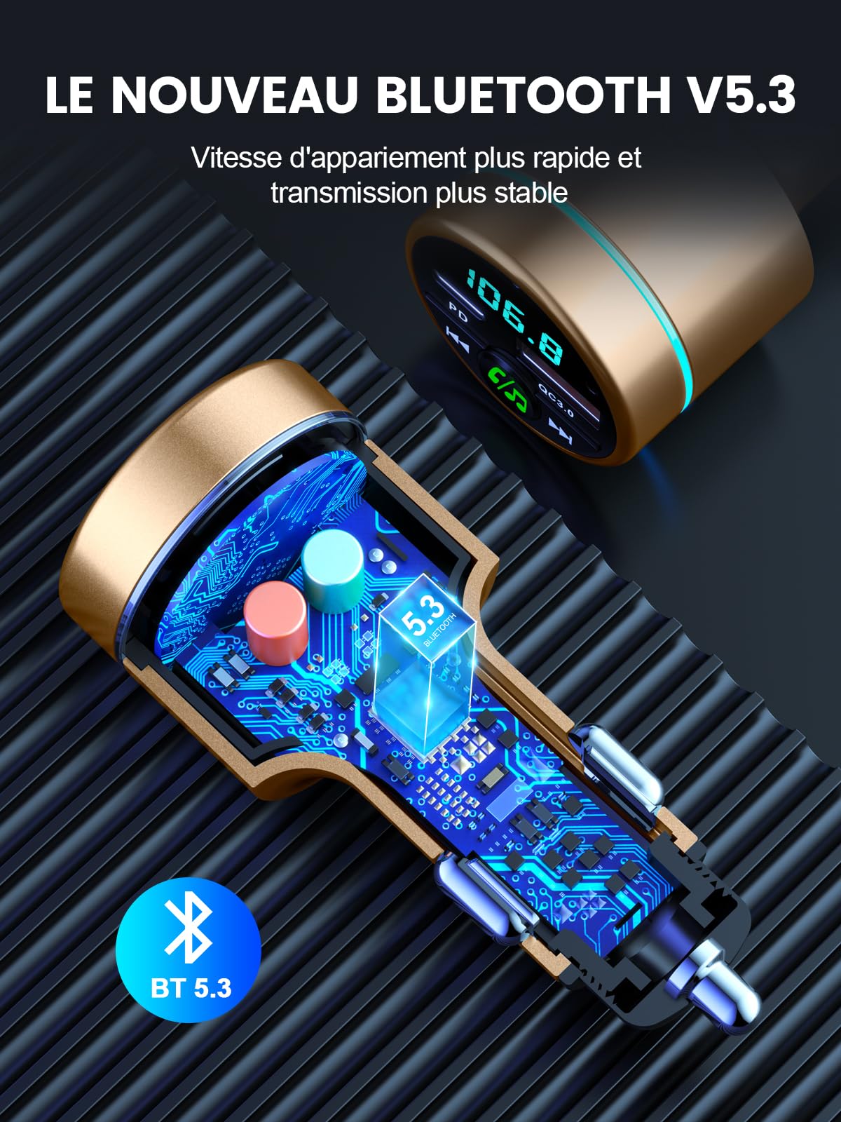 Mohard Transmetteur FM Bluetooth 5.3, Tout Métal Bluetooth Voiture, Chargeur Rapide de Voiture PD30W Type C+QC3.0, Adaptateur Bluetooth Autoradio, Suppression du Bruit, Appel Main Libre, Musique Hi-Fi