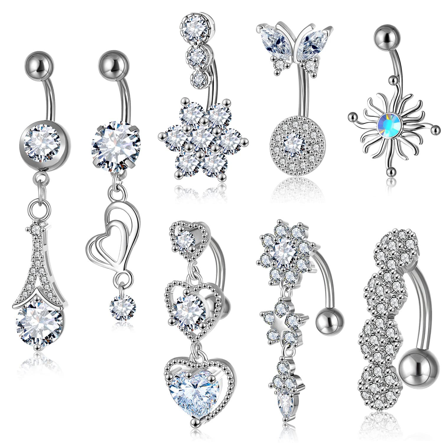 NASAMA8 Pcs 14G Stainless Steel Dangle Belly Button Rings for Women CZ Barbell Piercing Dangle Reverse Curved Navel Barbell Body Piercing Jewelry
