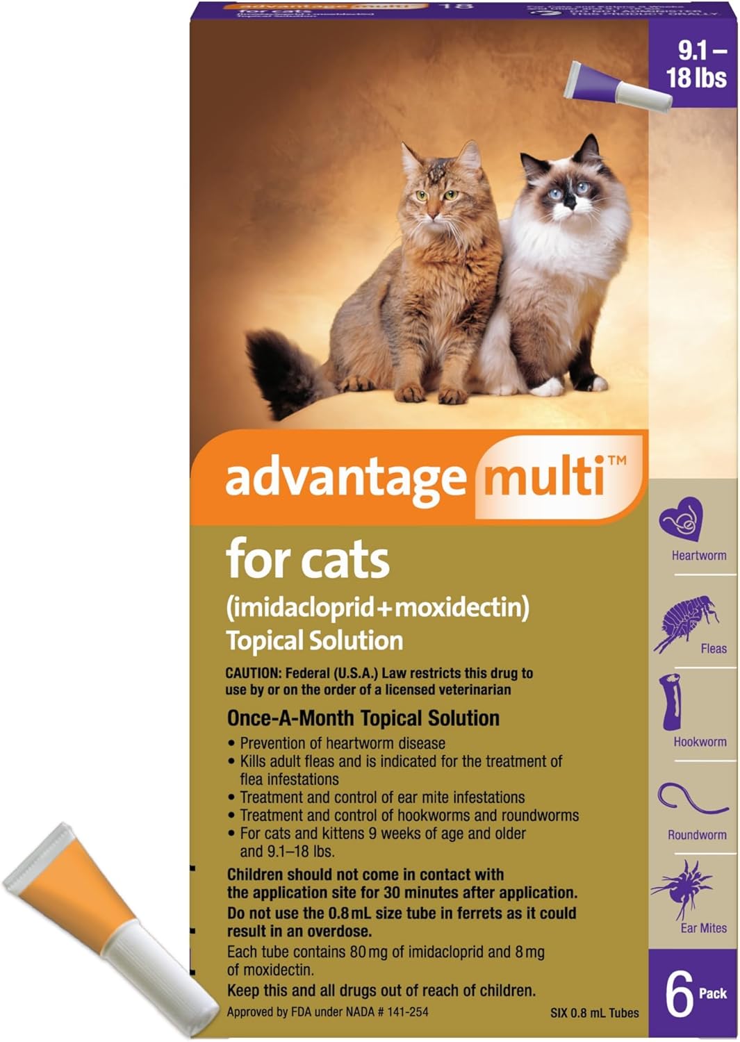 Advantage Multi for Cats 5-in-1 Heartworm Prevention | Kills Fleas & More | Cats 9.1-18 lbs. | 6-Month Supply
