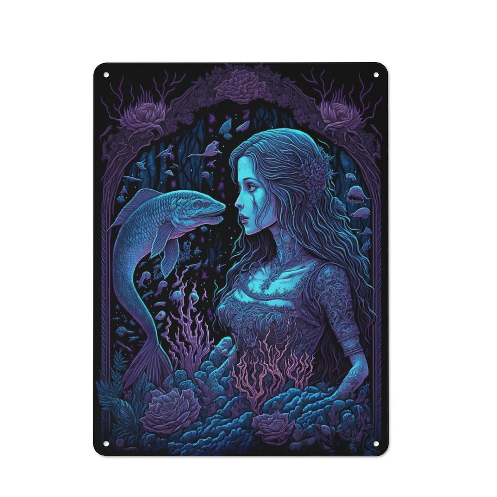 Junmoney Dark Water Mermaid Tin Wall Plaque 40X30cm With For Garage Wall, For Collectors Of Retro Metal Wall Decor