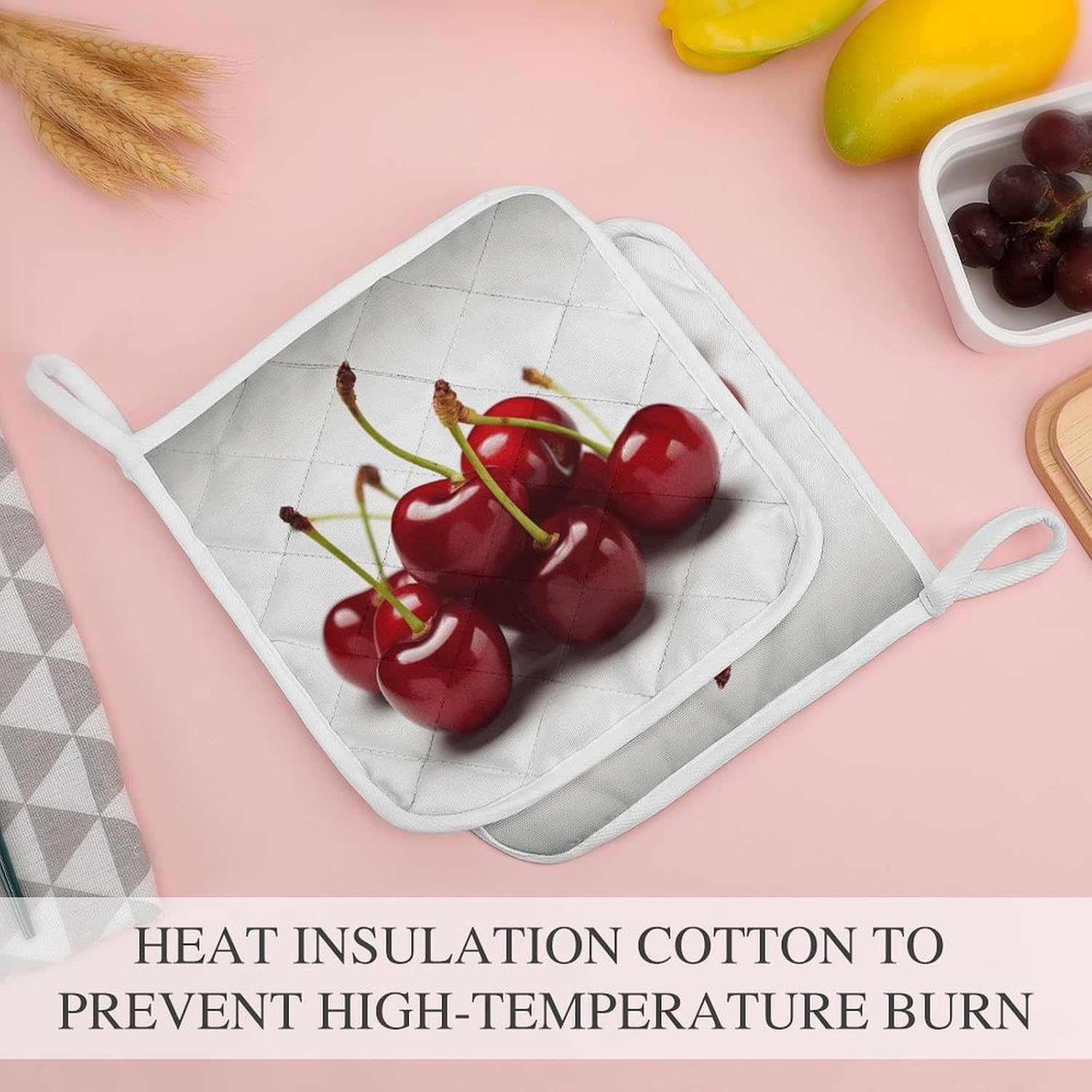 Chilean Cherries Polyester Heat Resistant Pot Pad Non Slip Anti Scald Hot Dish Mat Reusable Table Protector for Kitchen Hot Pot Mat Wear Resistant Heat Proof Table Pad for Countertop Dining Room
