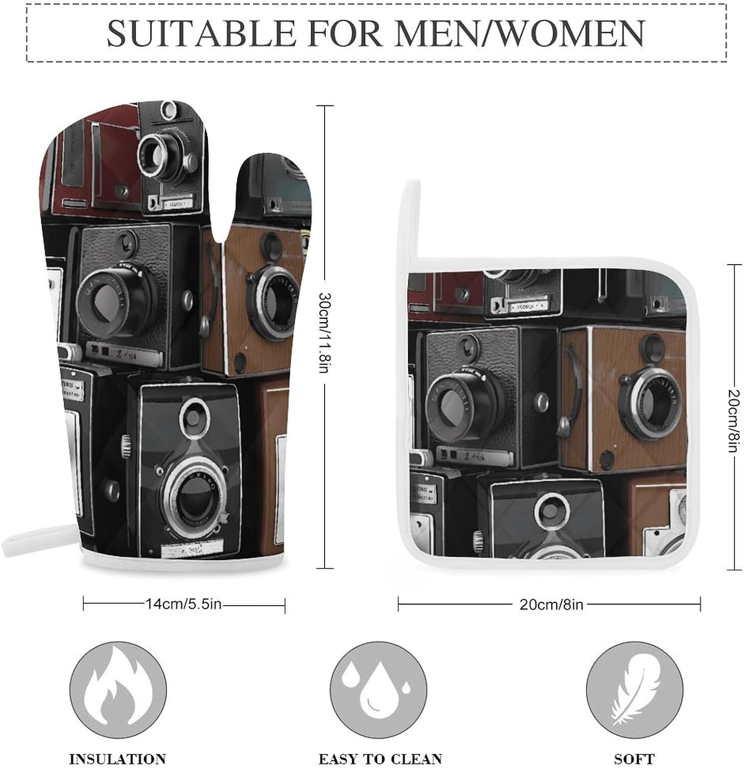 Retro Cool Camera Collection Oven Mitts and Pot Holders Sets of 3 Kitchen Oven Gloves Pot Holders for Kitchen Heat Resistant Pot Holders Sets Decor Gift for Cooking Baking image 2